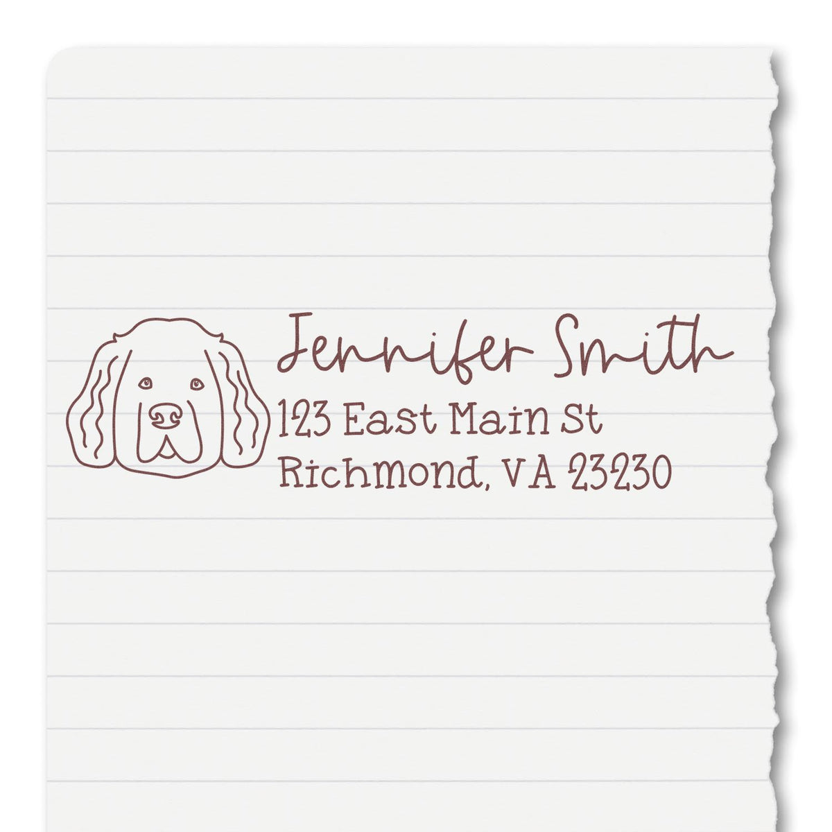 Custom rubber address stamp with dog illustration, Jennifer Smith, and Richmond, VA return address.