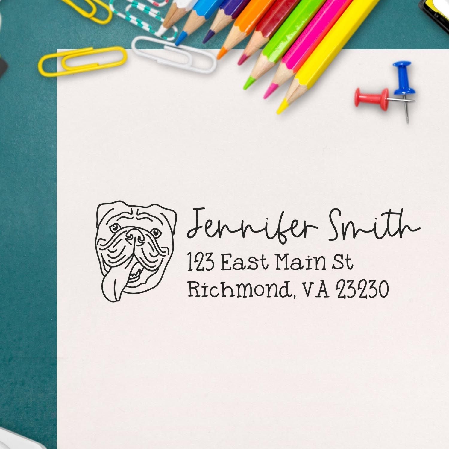 Custom rubber address stamp with bulldog design, personalized name and return address for stationery and mailings.