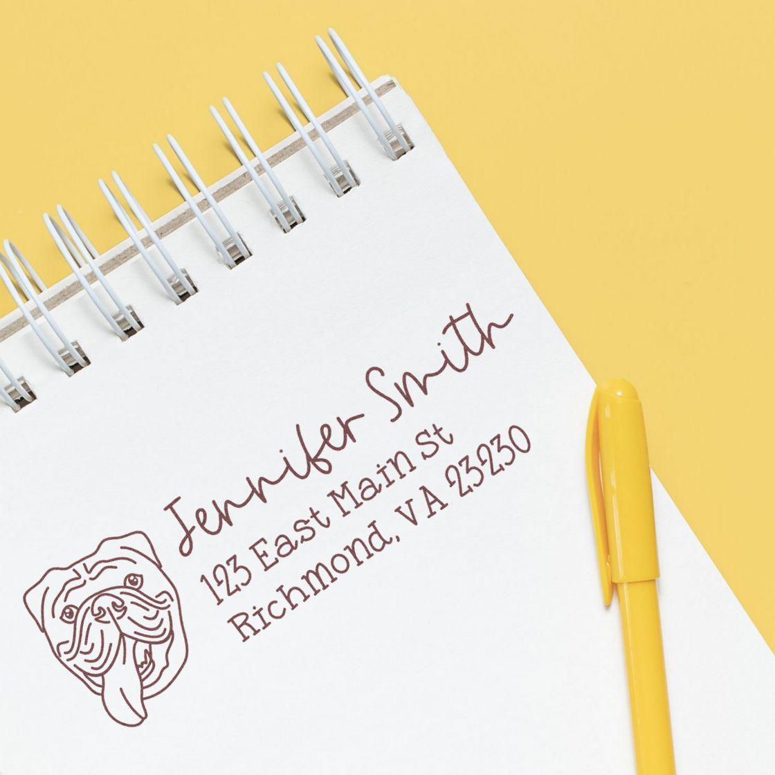 Custom address rubber stamp for Jennifer Smith, featuring a dog logo and Richmond, VA return address on a notebook page.