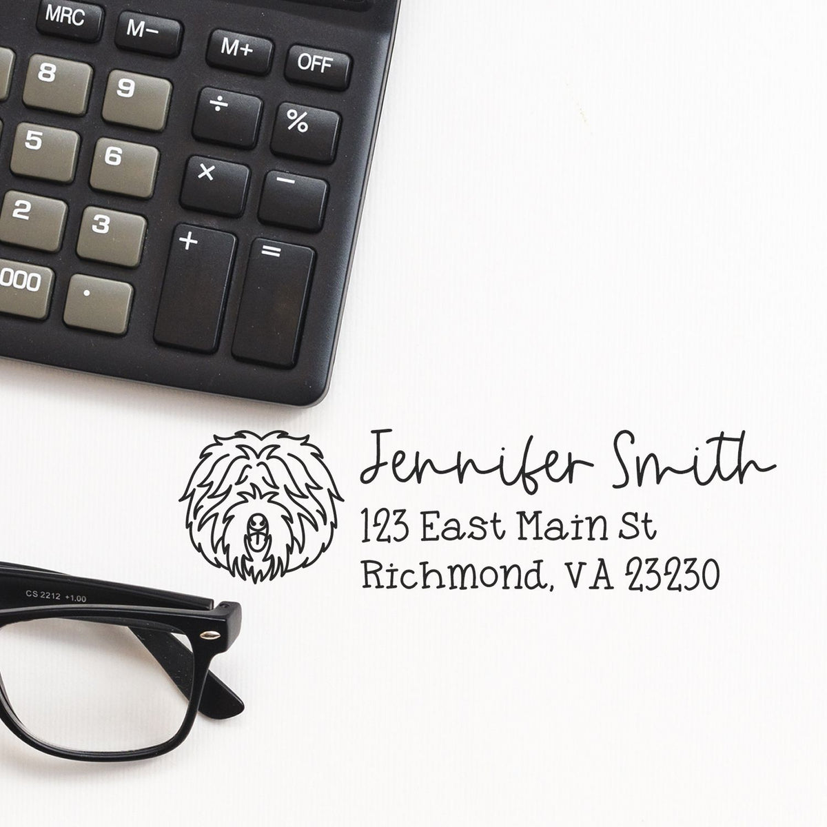 Custom return address rubber stamp with dog logo for Jennifer Smith, featuring name and Richmond, VA address
