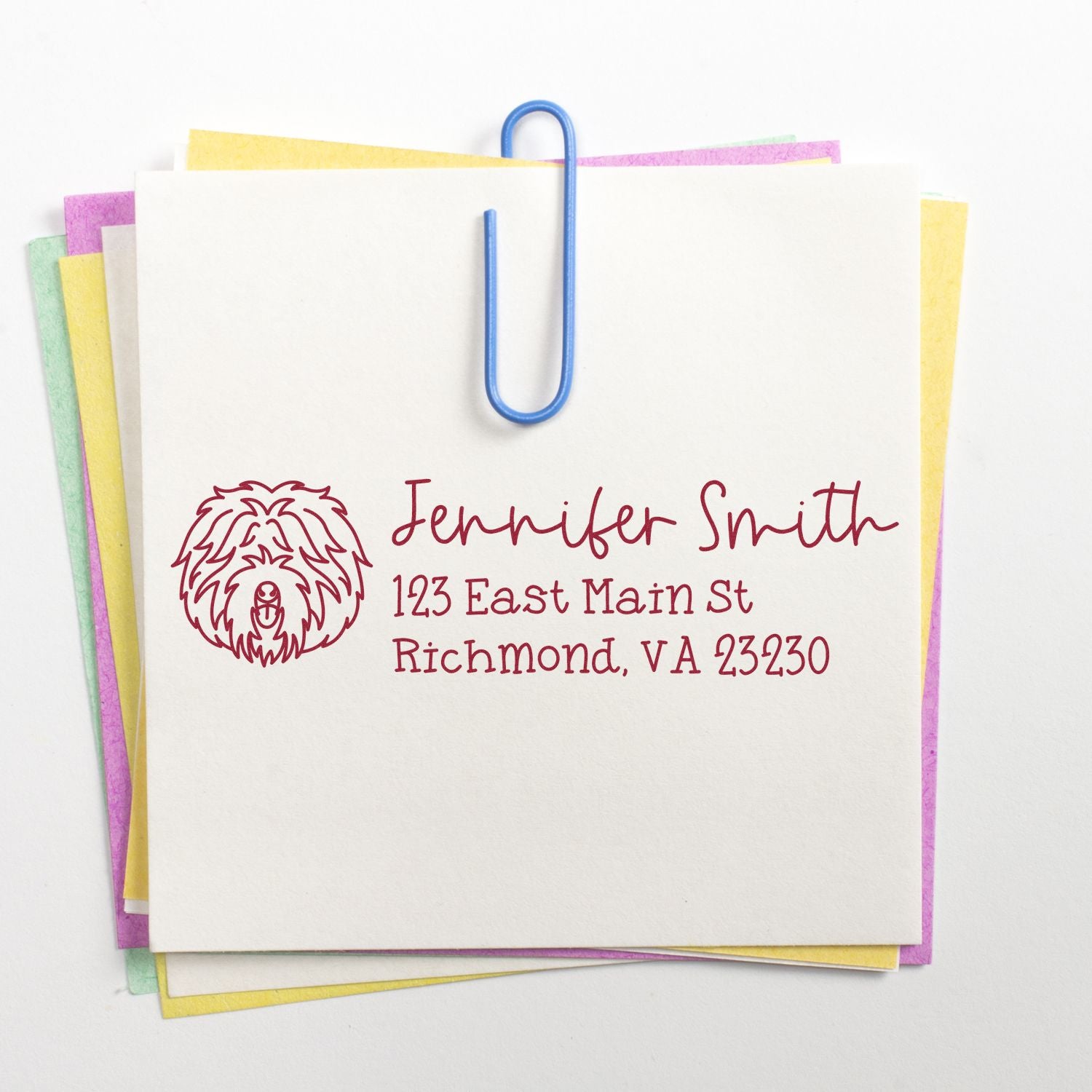 Custom dog return address rubber stamp with Jennifer Smith name and Richmond, VA address on stationery paper
