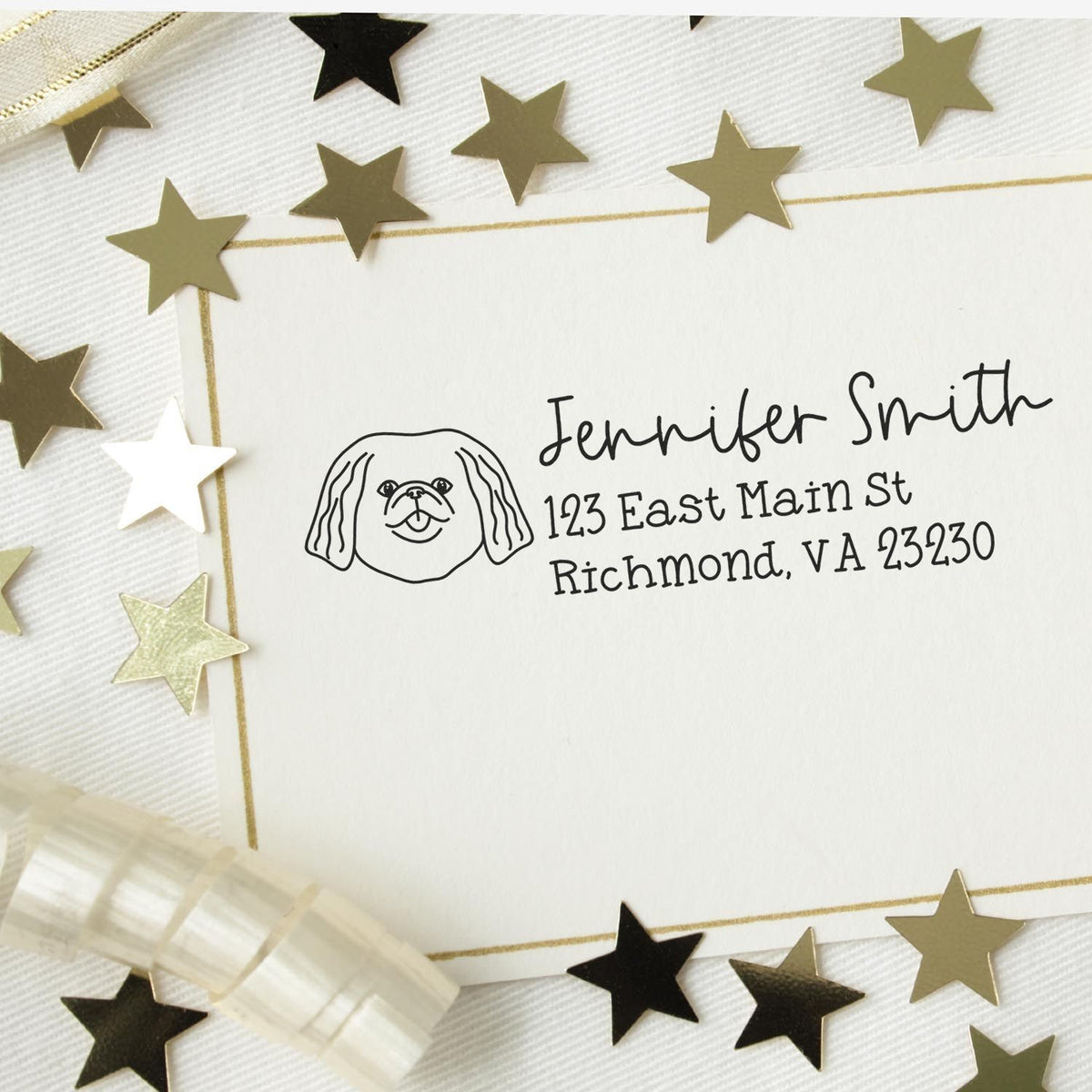 Custom dog address rubber stamp with return address and name for personalized mailings and pet lover stationery.