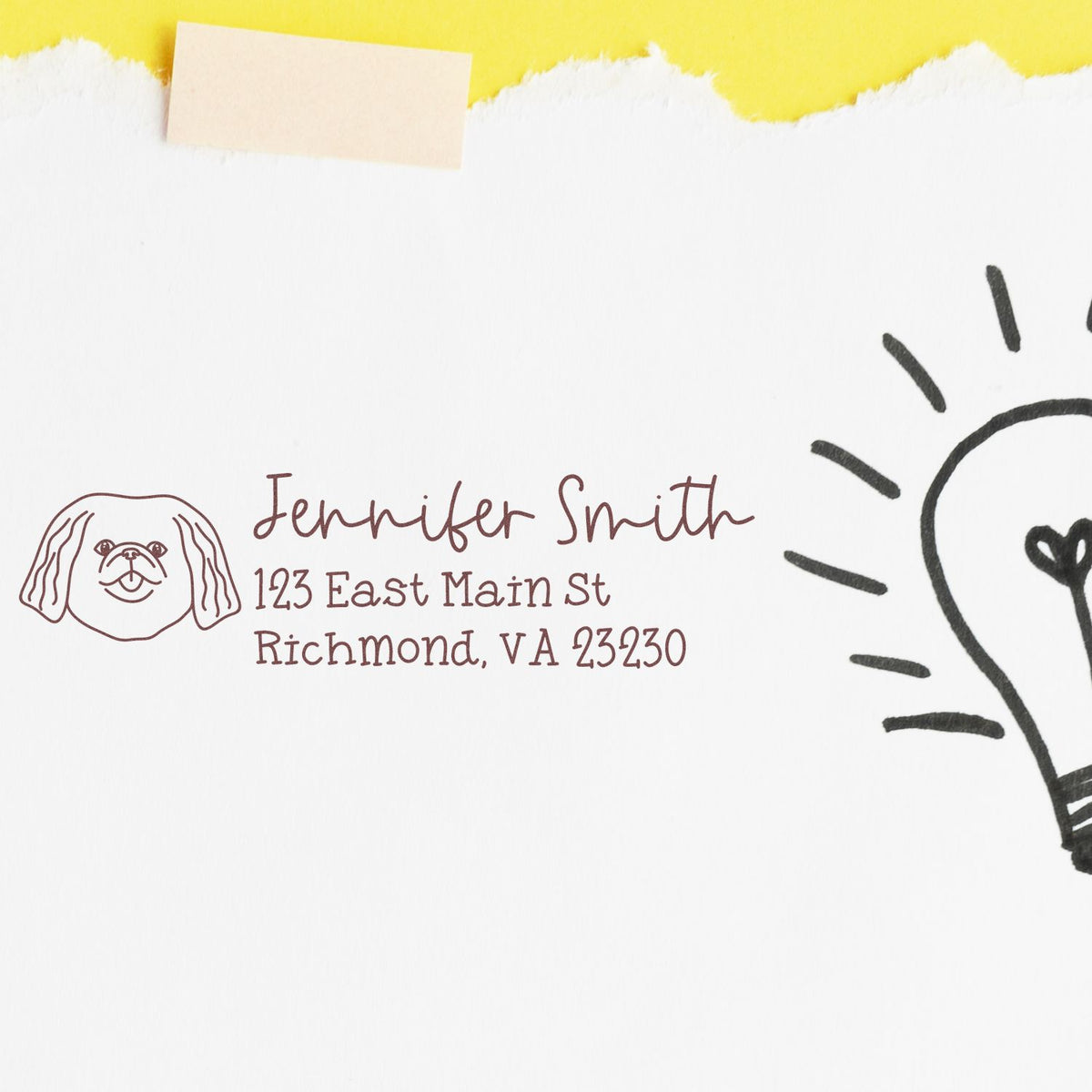 Custom dog address rubber stamp with pet portrait, name, and mailing address for personalized envelopes and stationery.