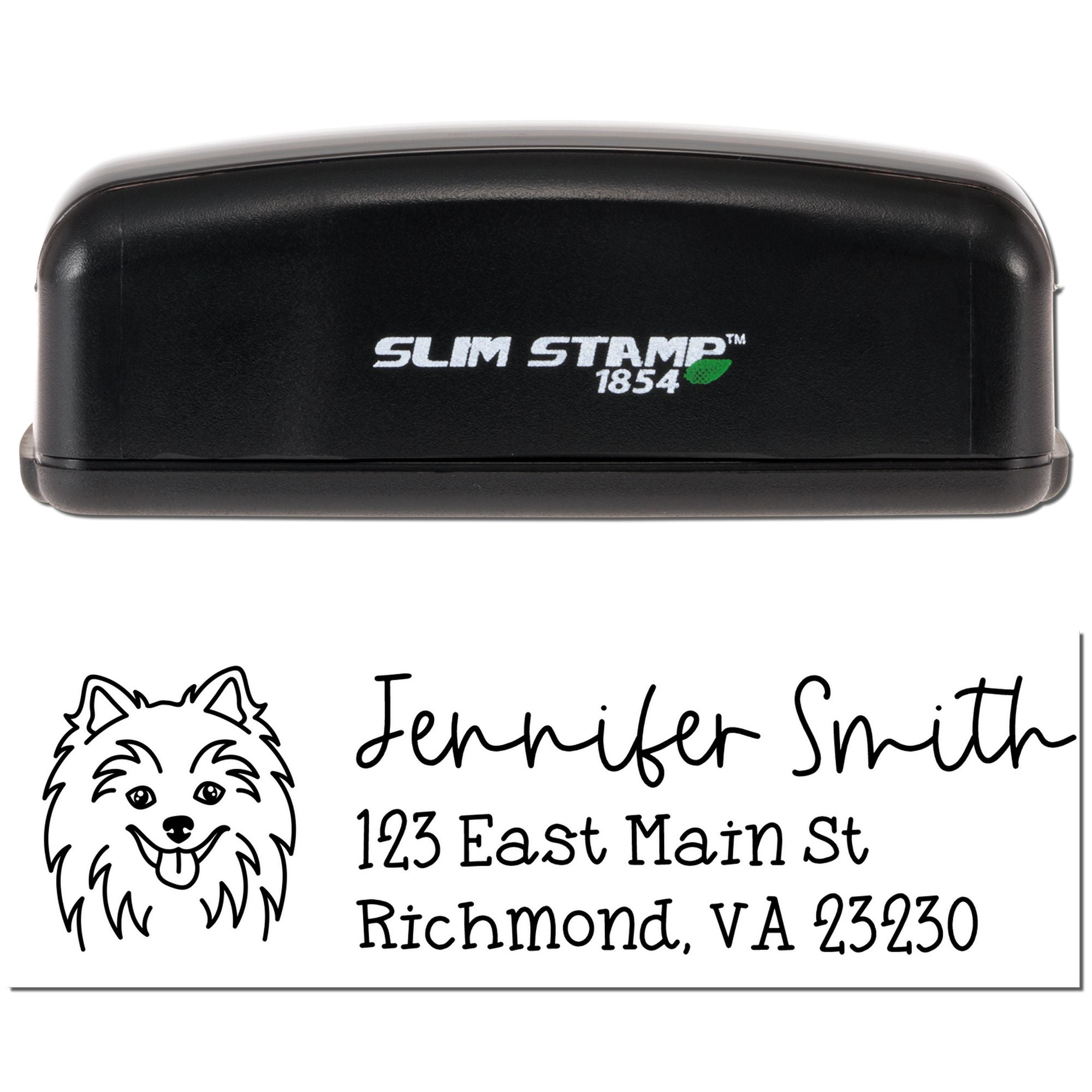 Custom self-inking rubber stamp, Slim Stamp 1854, with dog logo and Jennifer Smith return address for Richmond, VA mailings.