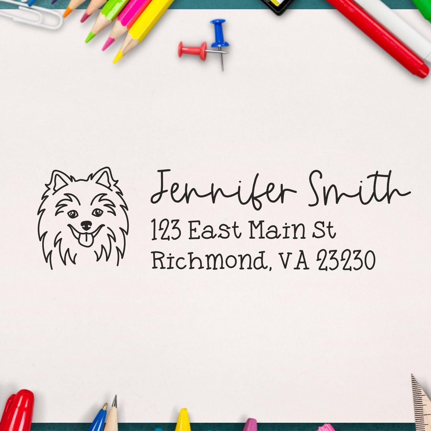 Custom dog address rubber stamp with name and Richmond, VA address, shown as a personalized stationery imprint.