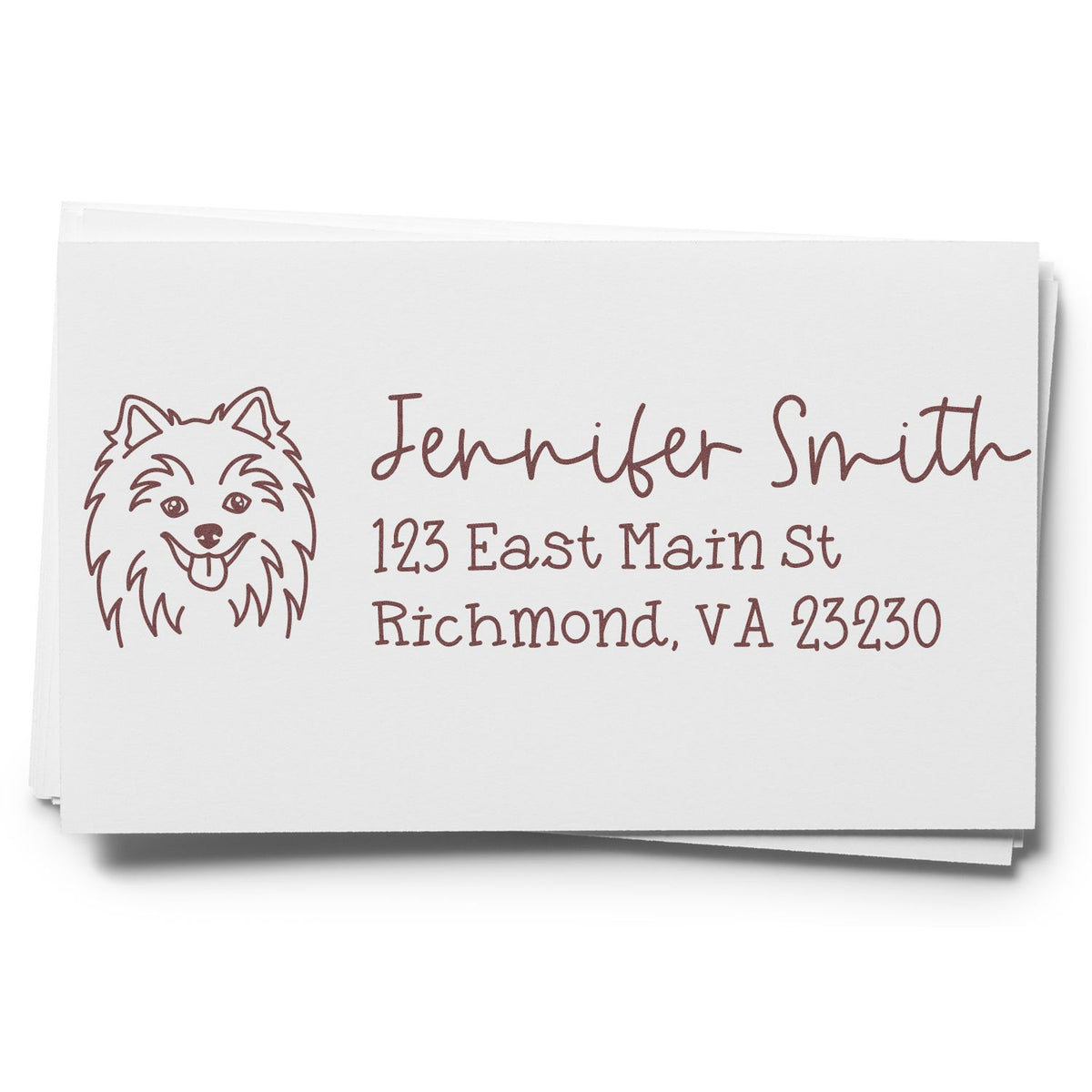 Custom dog return address rubber stamp with pet portrait, Jennifer Smith, 123 East Main St, Richmond, VA 23230