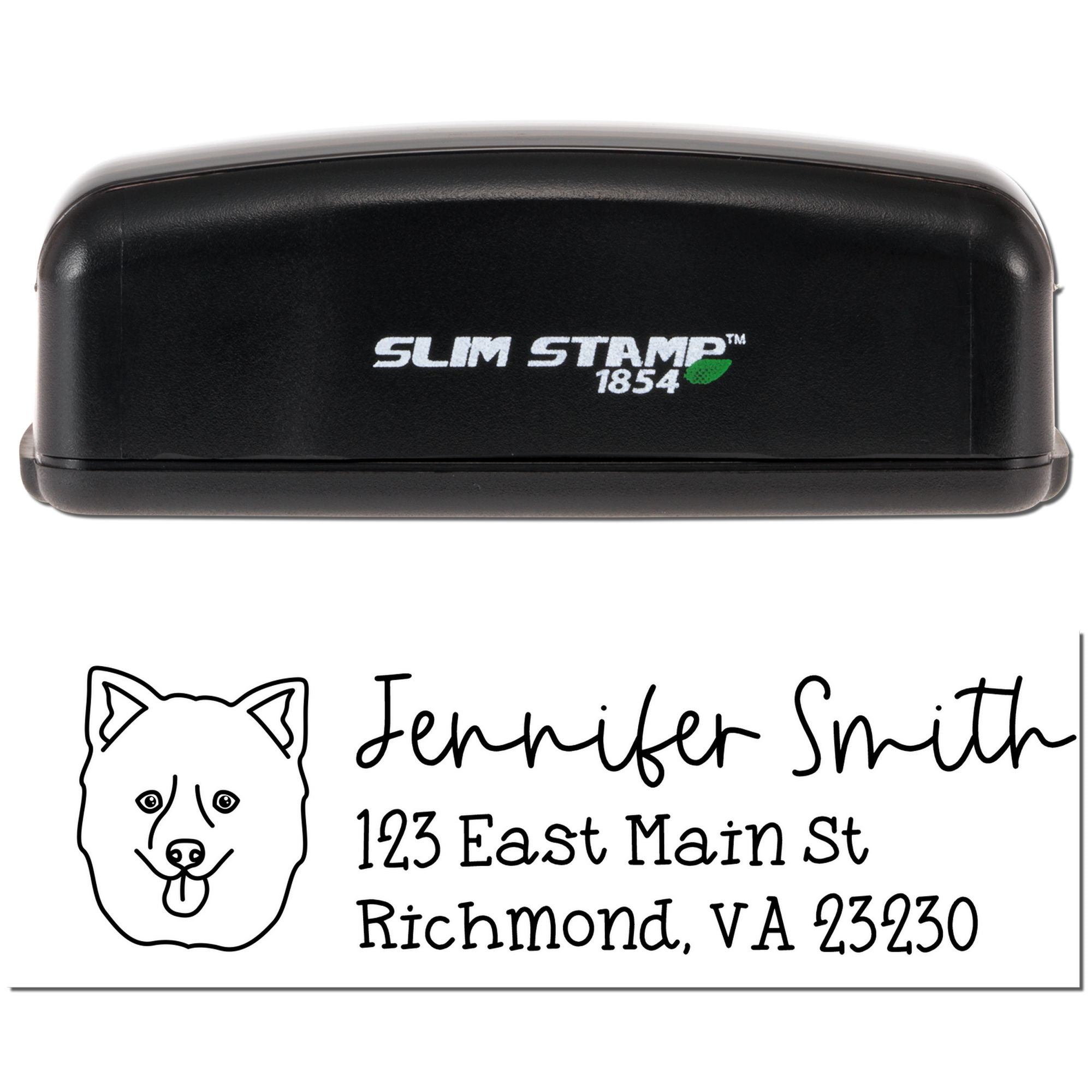 Slim Stamp 1854 custom address rubber stamp with dog logo, showing Jennifer Smith name and Richmond, VA imprint sample.