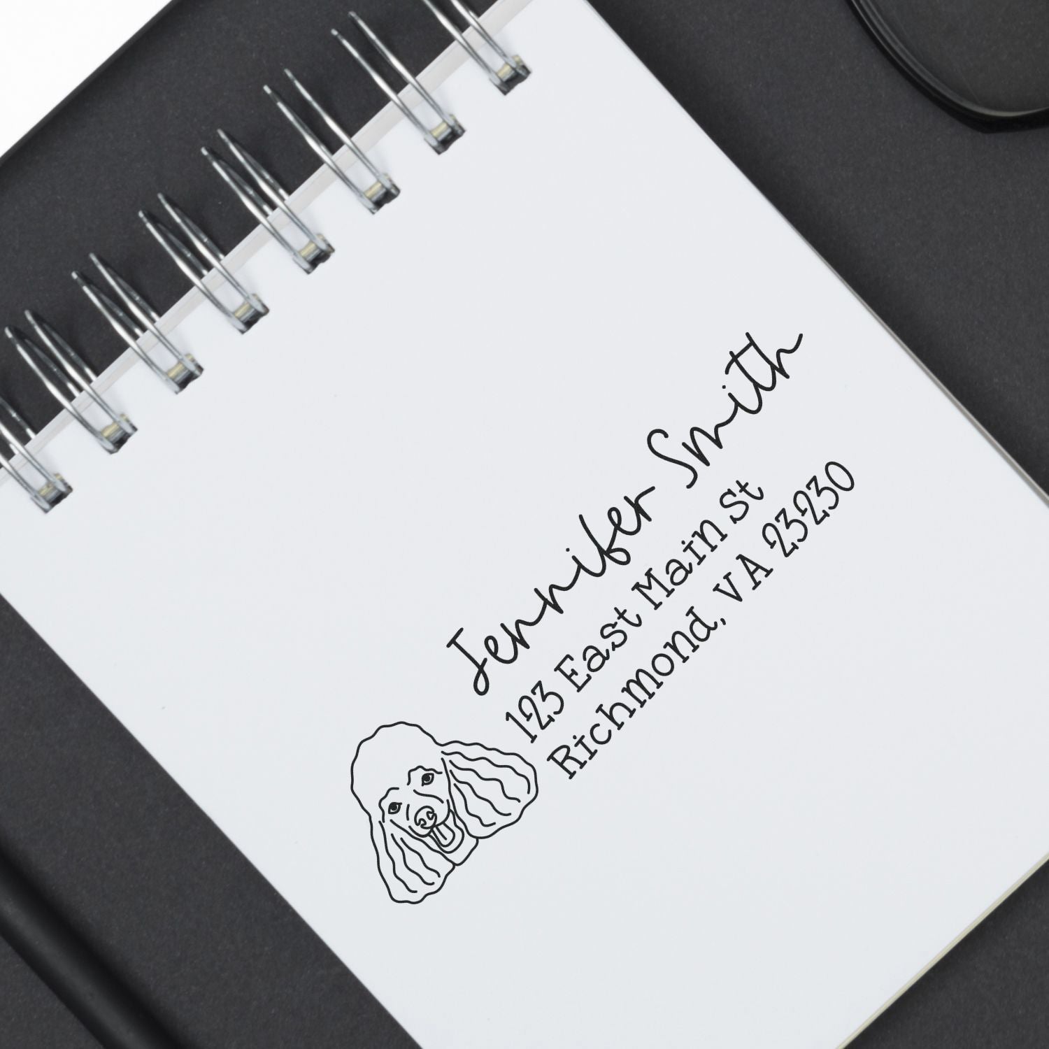 Personalized rubber return address stamp with dog design for Jennifer Smith, Richmond, VA.