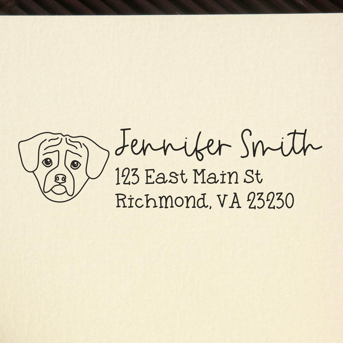 Custom dog return address rubber stamp with pet portrait, Jennifer Smith, and Richmond, VA mailing address.