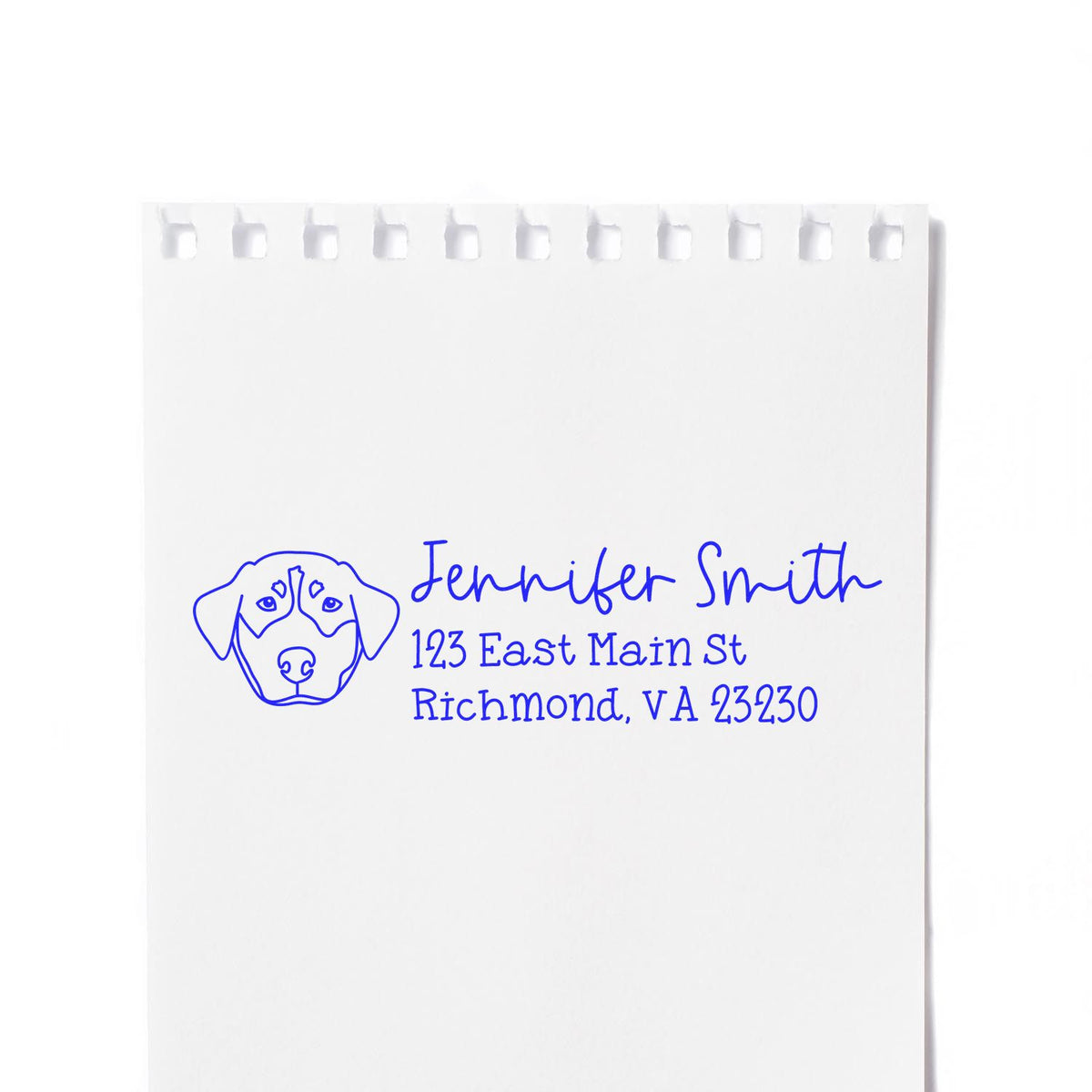 Custom dog return address rubber stamp with name and Richmond, VA address for personalized stationery and mailings