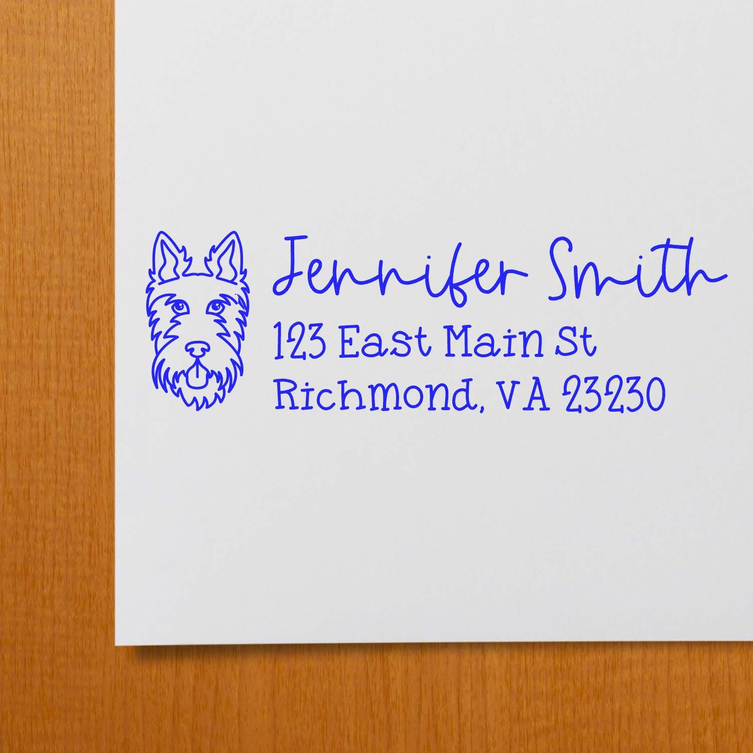 Personalized dog return address rubber stamp with name and Richmond, VA mailing address in blue ink.