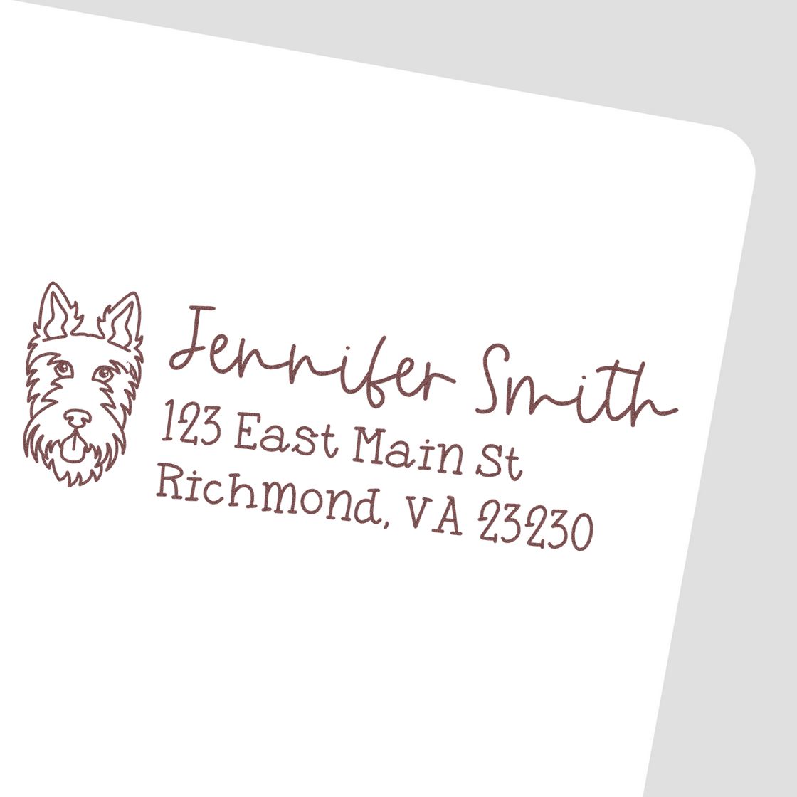 Custom dog address rubber stamp for Jennifer Smith, 123 East Main St, Richmond, VA 23230 return address.