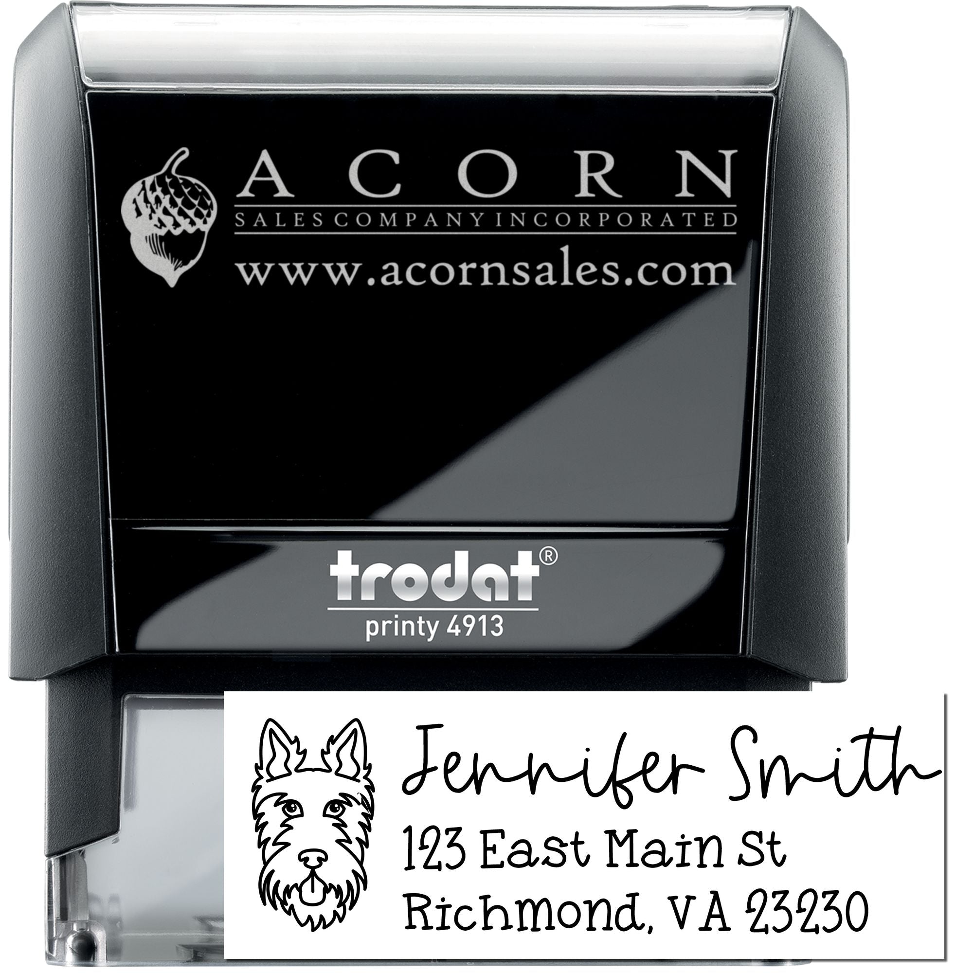 Trodat self-inking custom rubber stamp with logo and address impression for business branding and mailing.