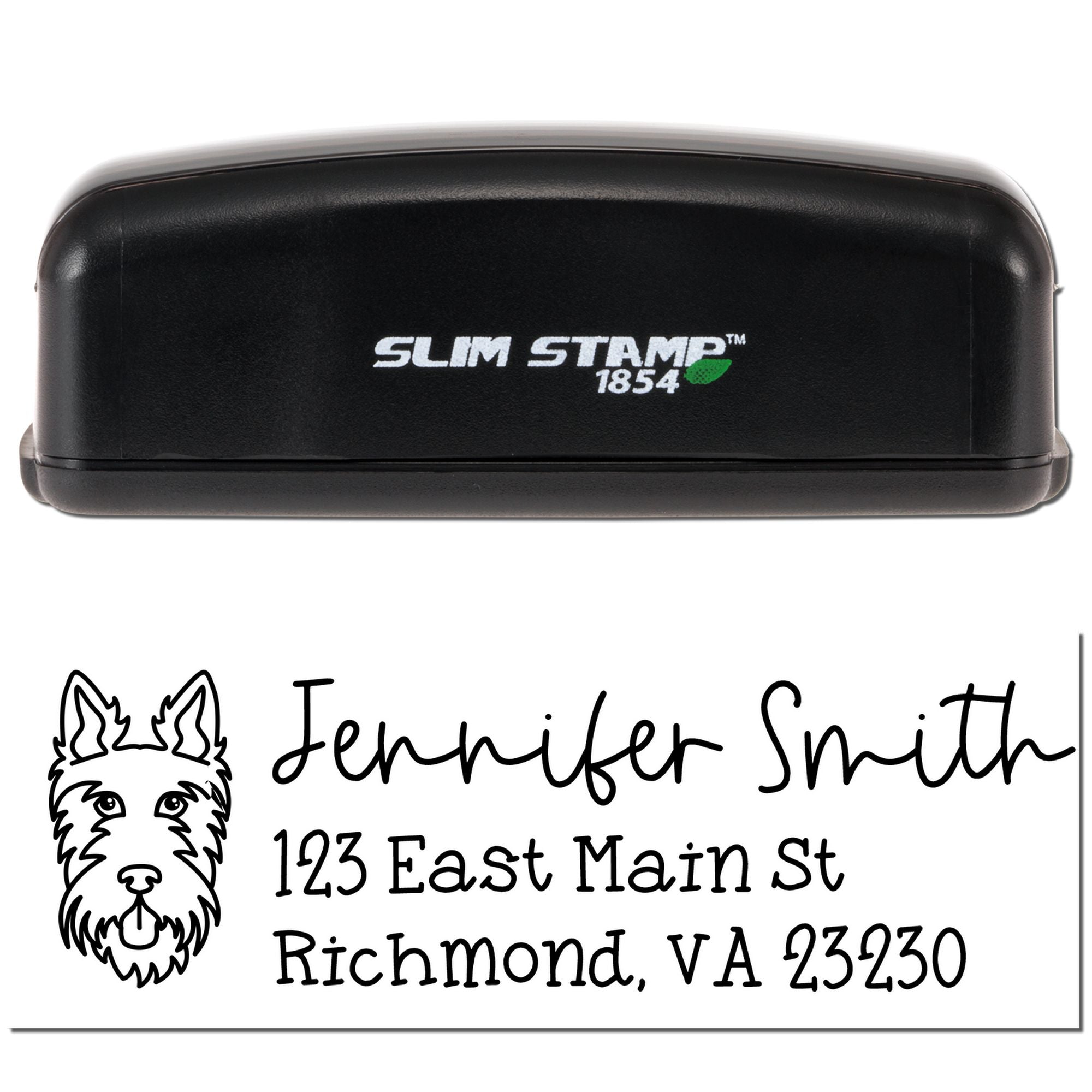 Slim Stamp 1854 custom self-inking dog address rubber stamp with Jennifer Smith, 123 East Main St, Richmond VA 23230.