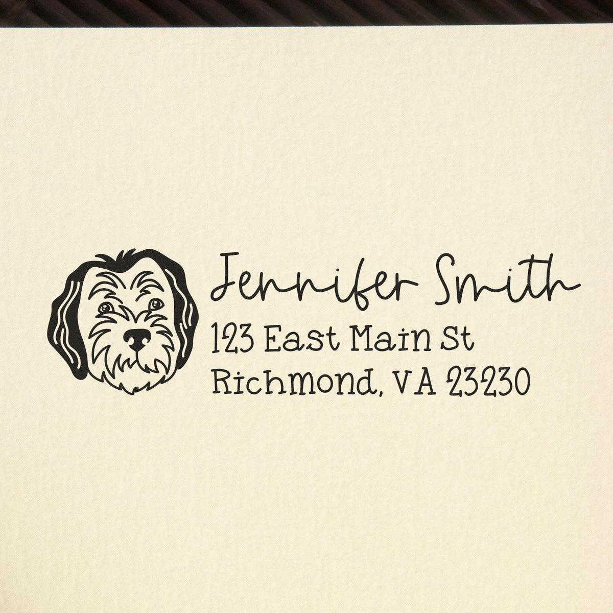 Personalized dog address rubber stamp featuring Jennifer Smith and Richmond, VA return address for envelopes.