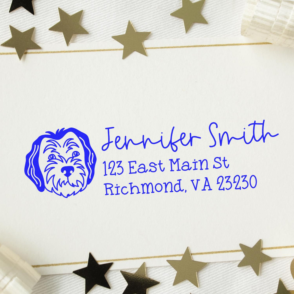 Custom dog logo address rubber stamp for Jennifer Smith, Richmond VA, with personalized return address in blue ink.