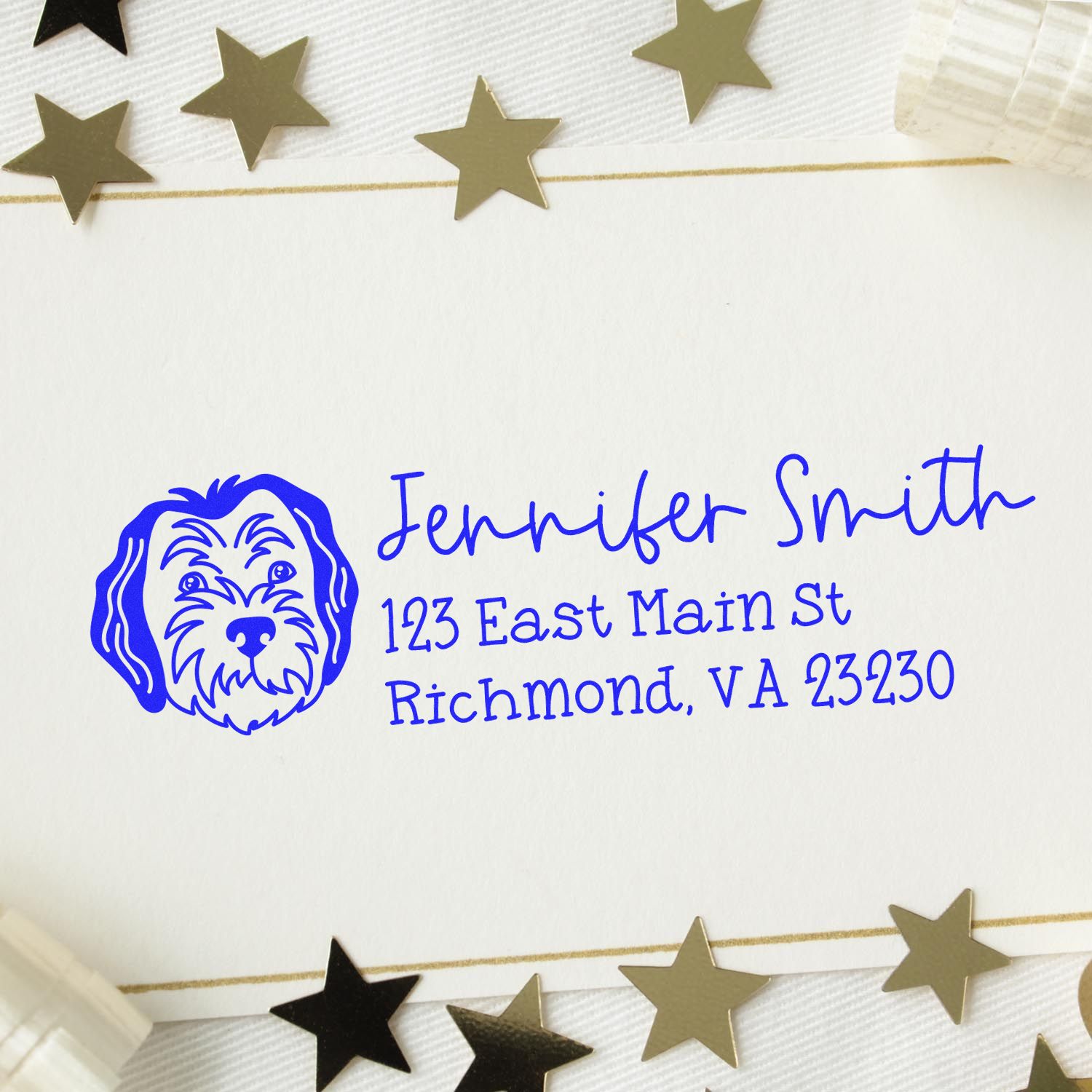 Custom address rubber stamp with dog logo for Jennifer Smith, ideal for return addresses and pet business mailings.