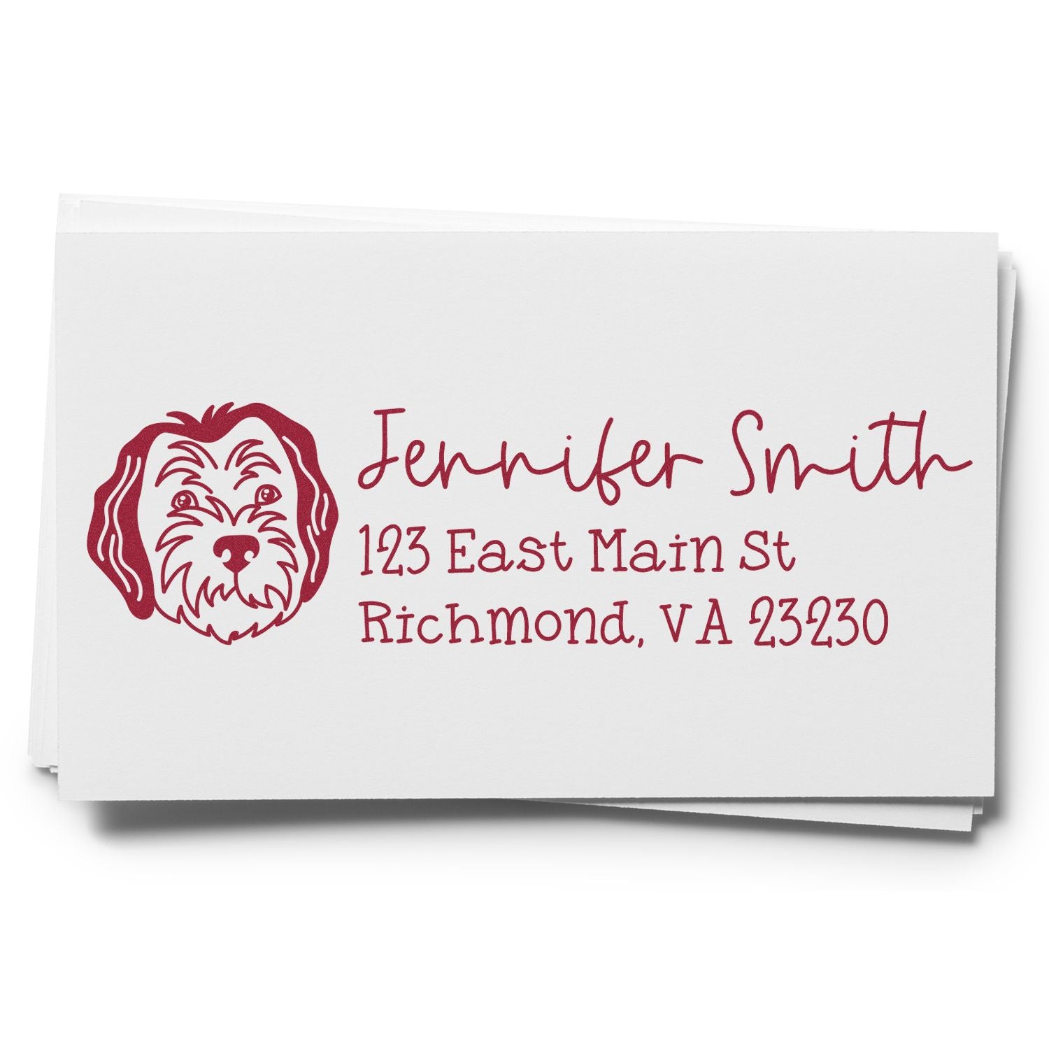 Custom dog return address rubber stamp with pet portrait, name, and Richmond, VA address for envelopes