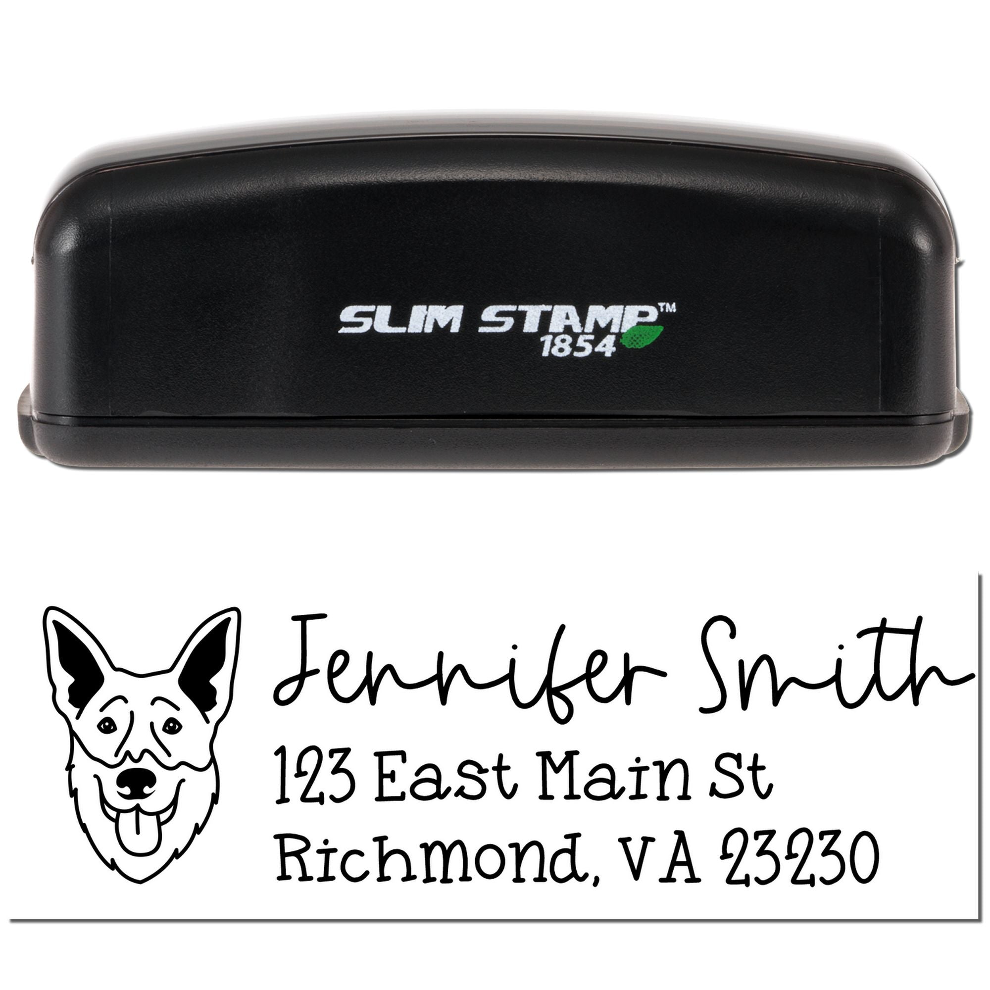 Custom self-inking address rubber stamp with dog logo, Jennifer Smith, Richmond VA sample impression, and Slim Stamp case
