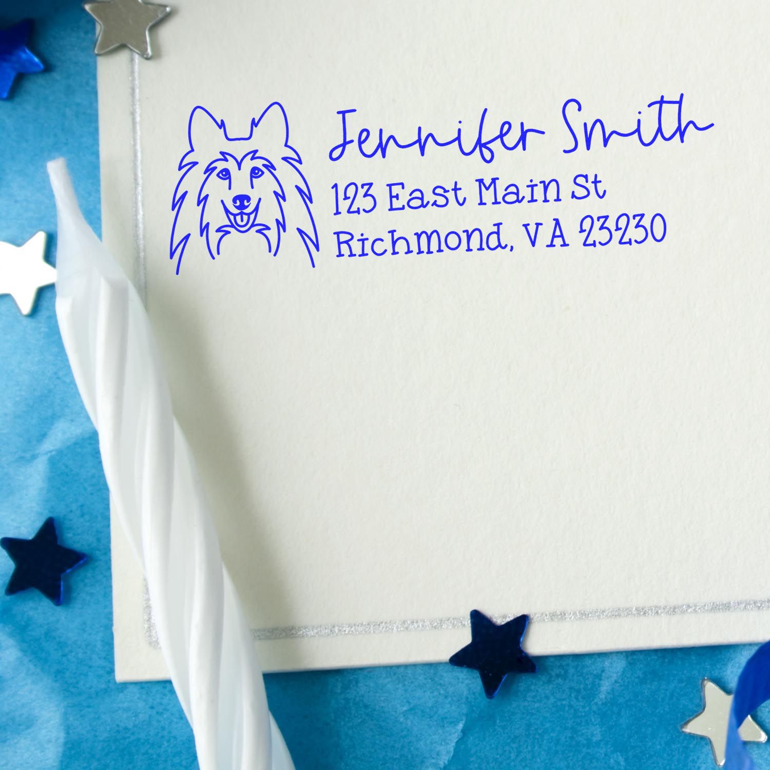 Custom return address rubber stamp with dog design for Jennifer Smith, Richmond VA, on a wedding envelope.