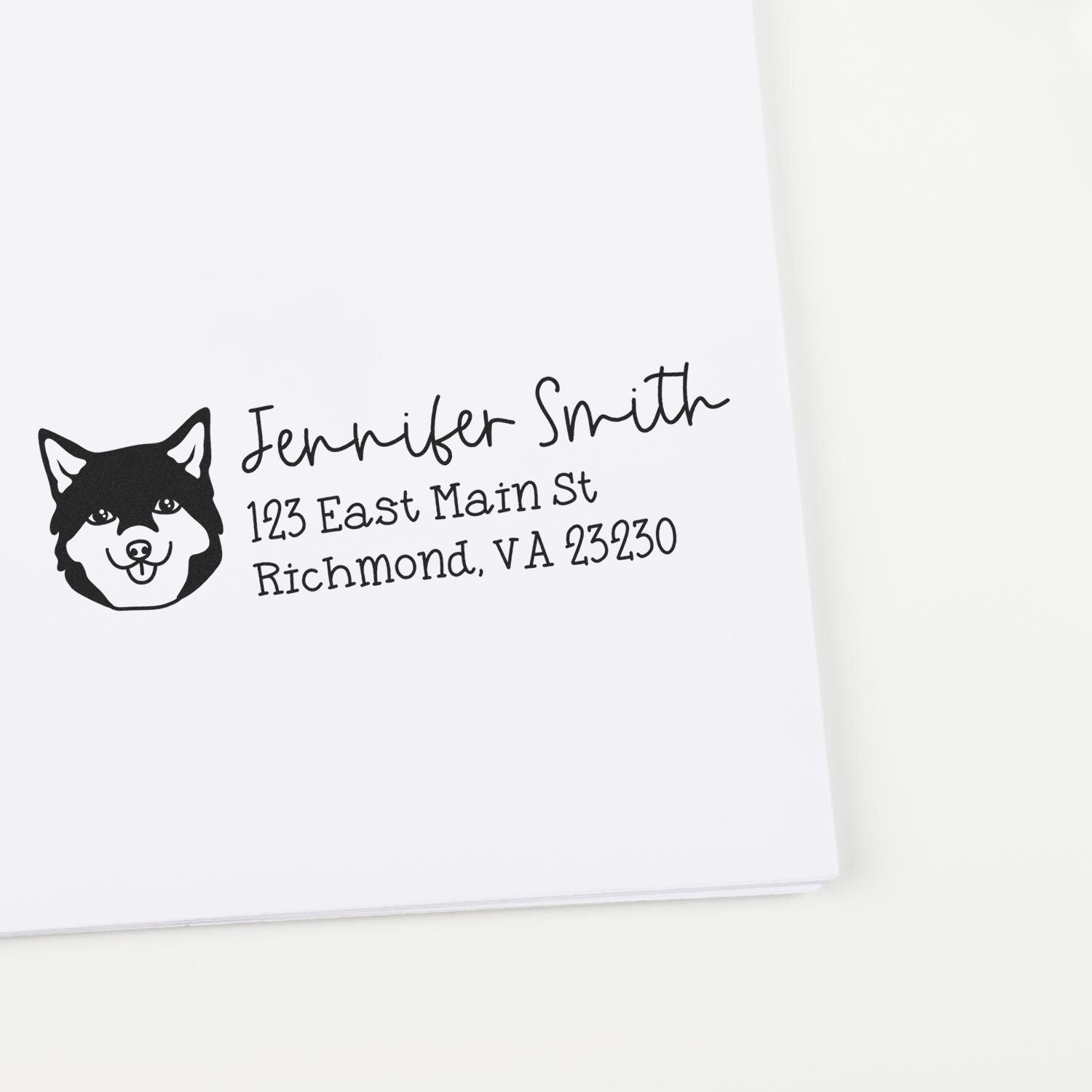 Custom dog return address rubber stamp with pet portrait, Jennifer Smith name, and Richmond, VA mailing address.
