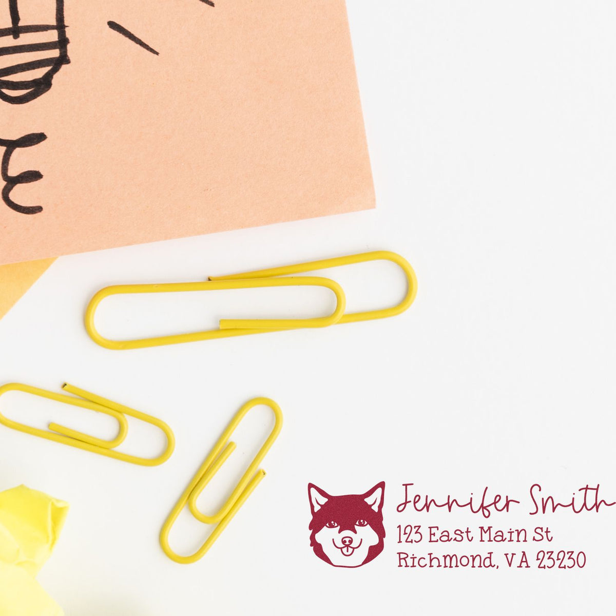Custom return address rubber stamp with fox logo, Jennifer Smith name, and Richmond VA address for stationery and mailings.