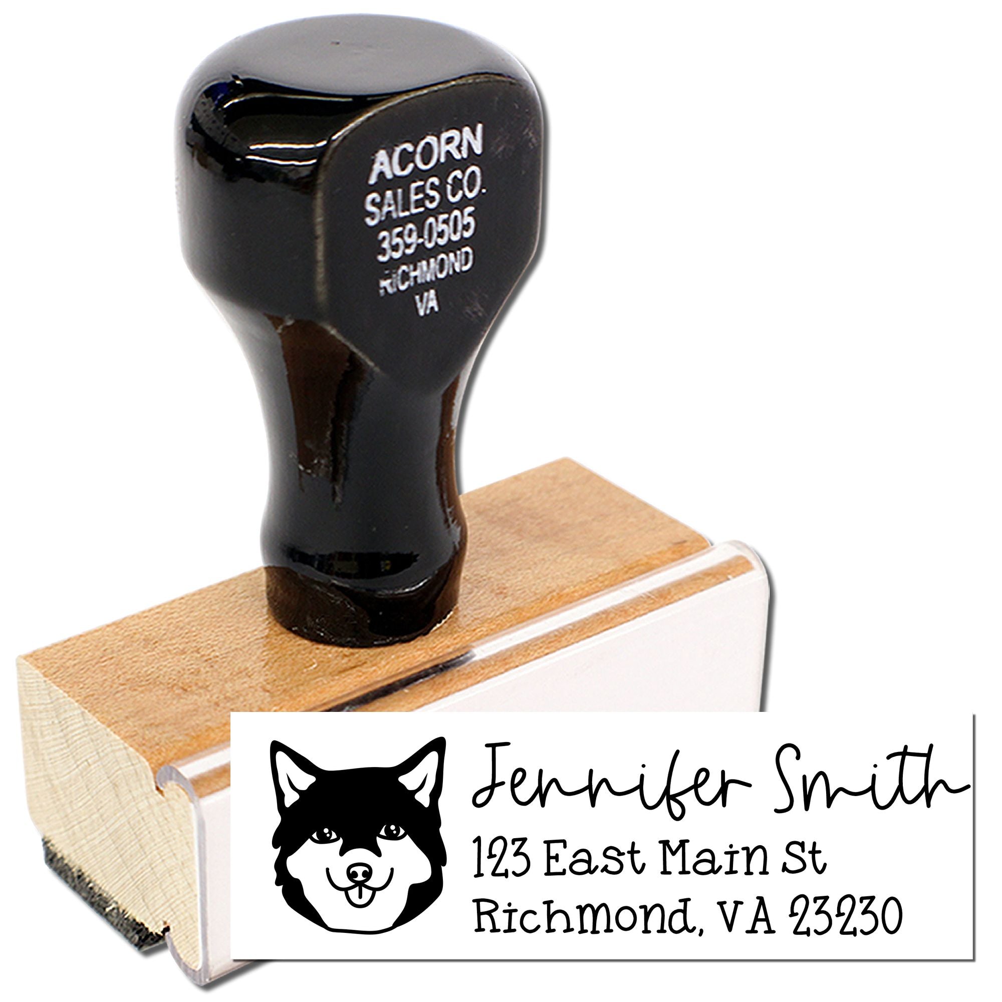Custom rubber stamp on wooden block with return address and dog logo for personalized mailing labels.