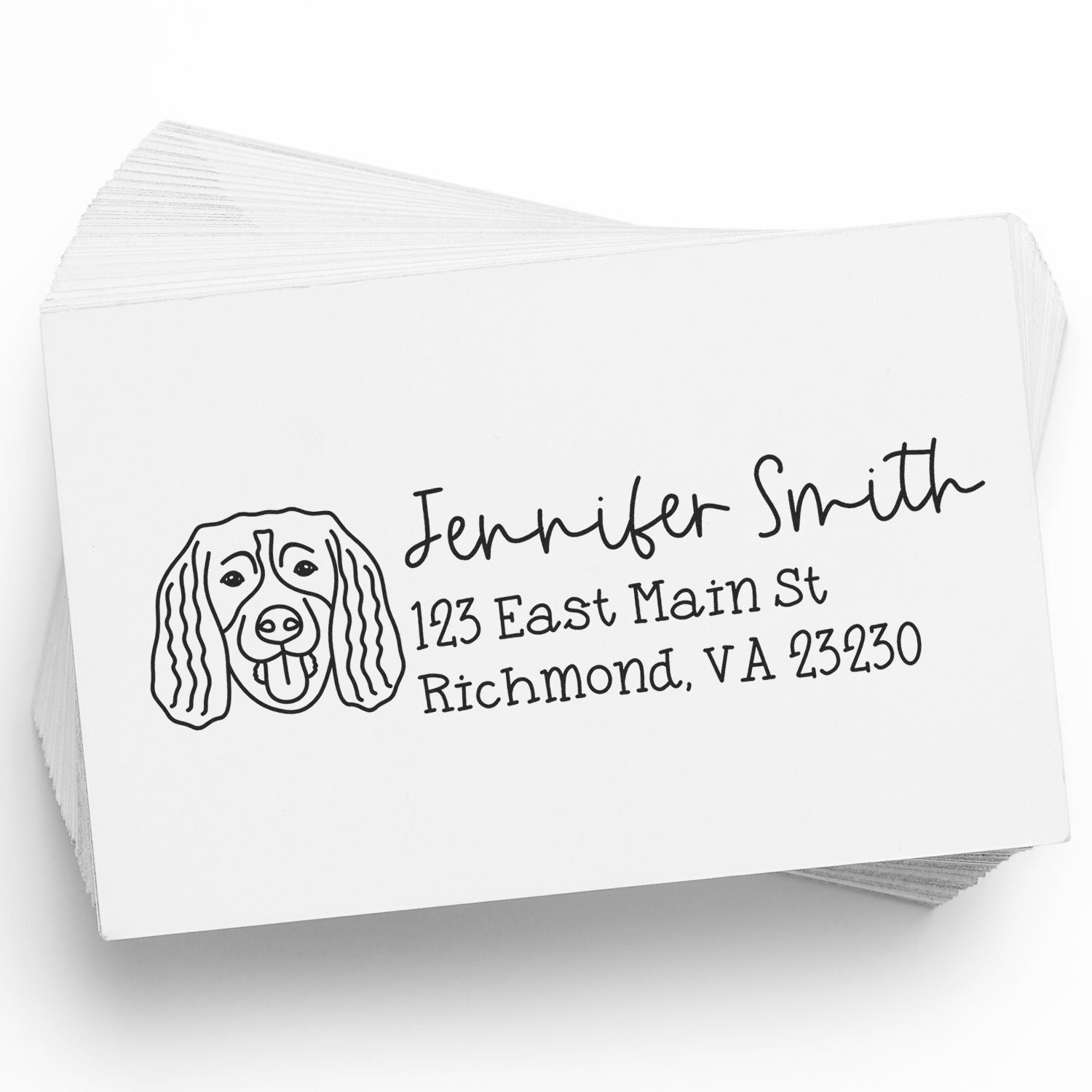 Custom dog address rubber stamp with Jennifer Smith, 123 East Main St, Richmond, VA 23230 on white cards.