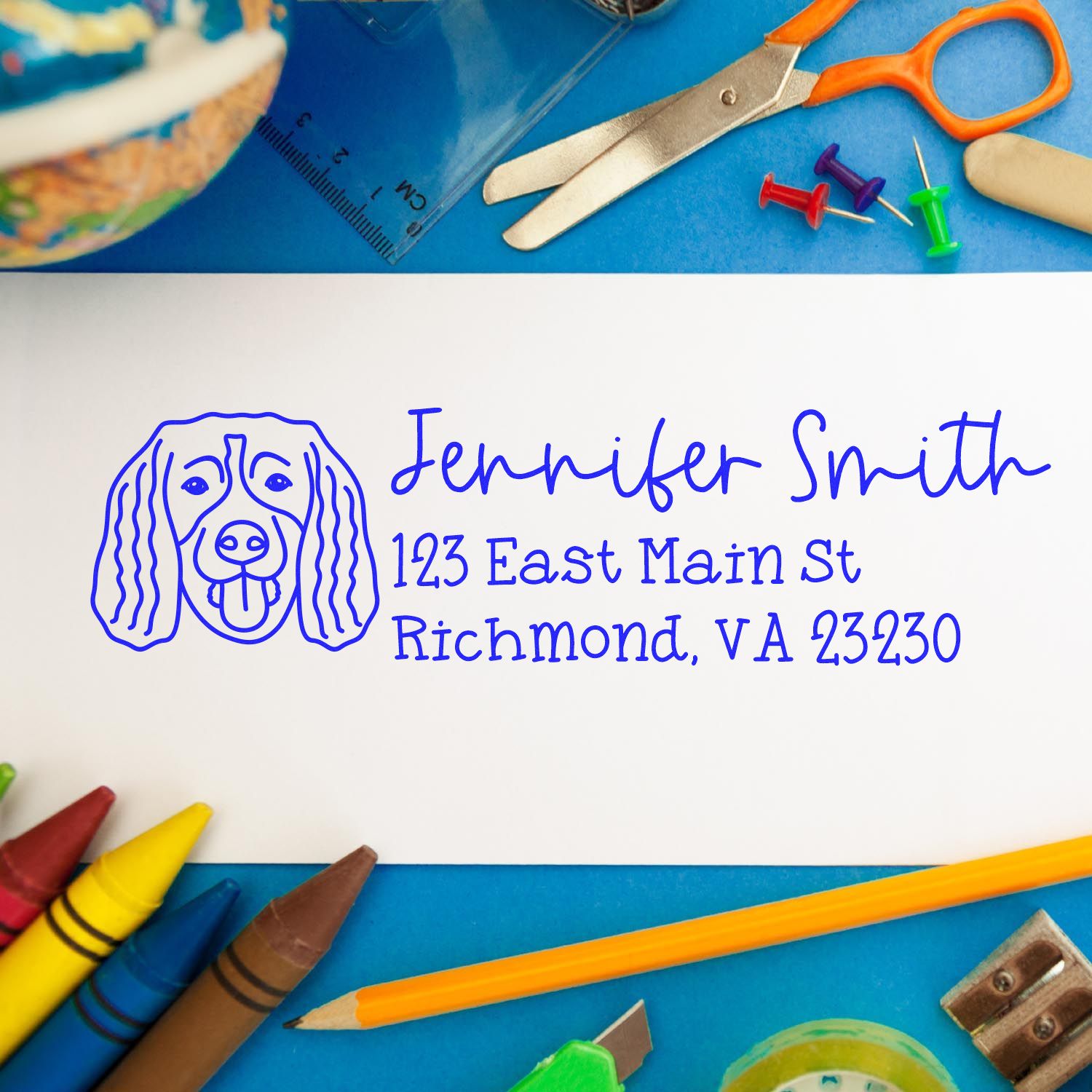 Personalized dog address rubber stamp with Jennifer Smith name and Richmond, VA address for custom mailings.