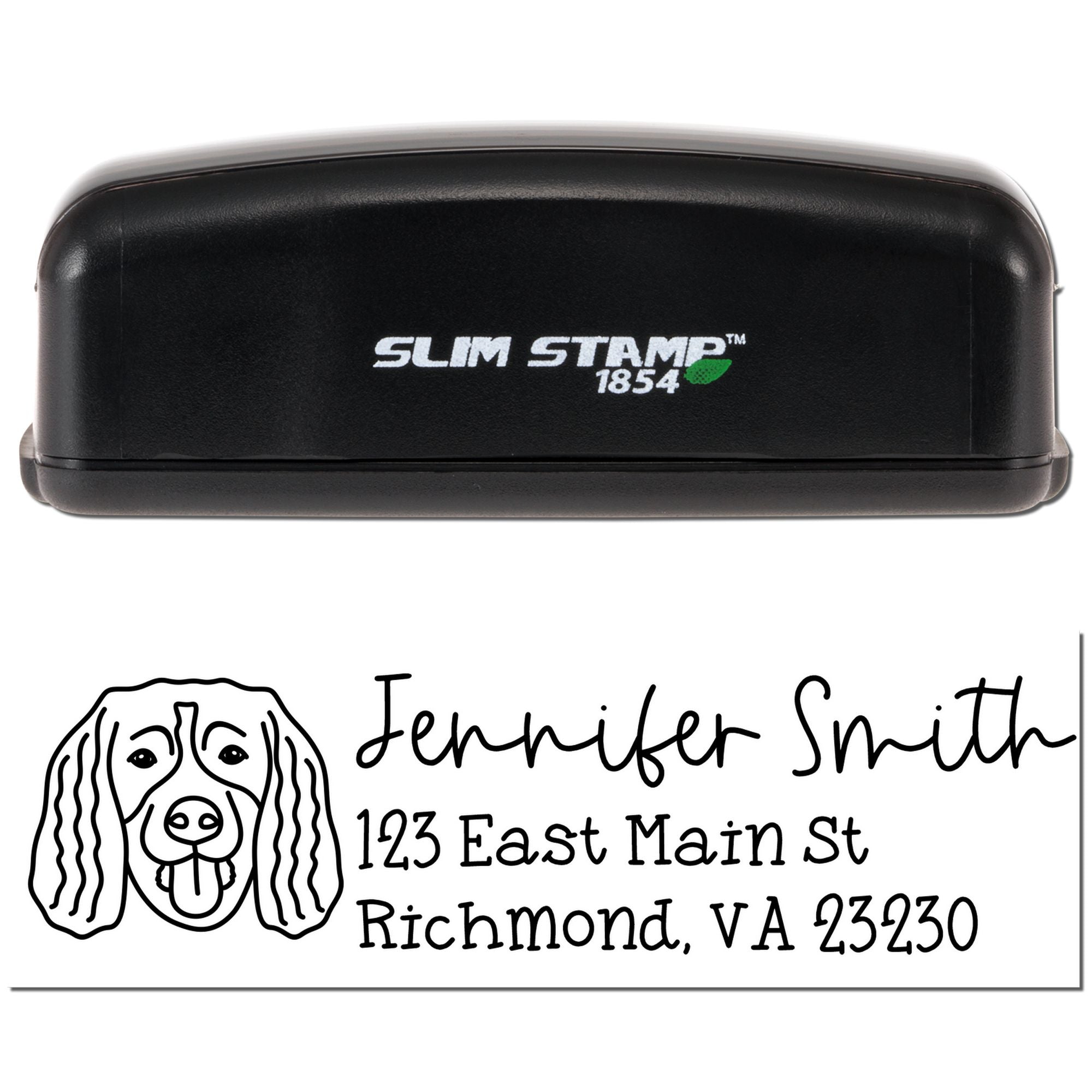 Custom Slim Stamp 1854 self-inking rubber stamp with dog logo, Jennifer Smith return address, Richmond, VA 23230
