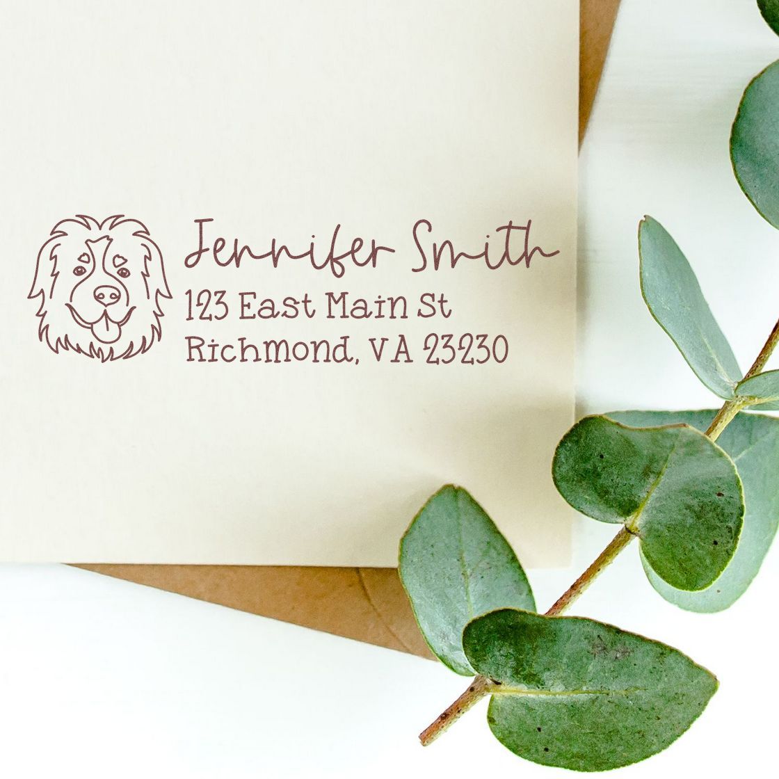 Custom dog return address rubber stamp with personalized name and address on envelope