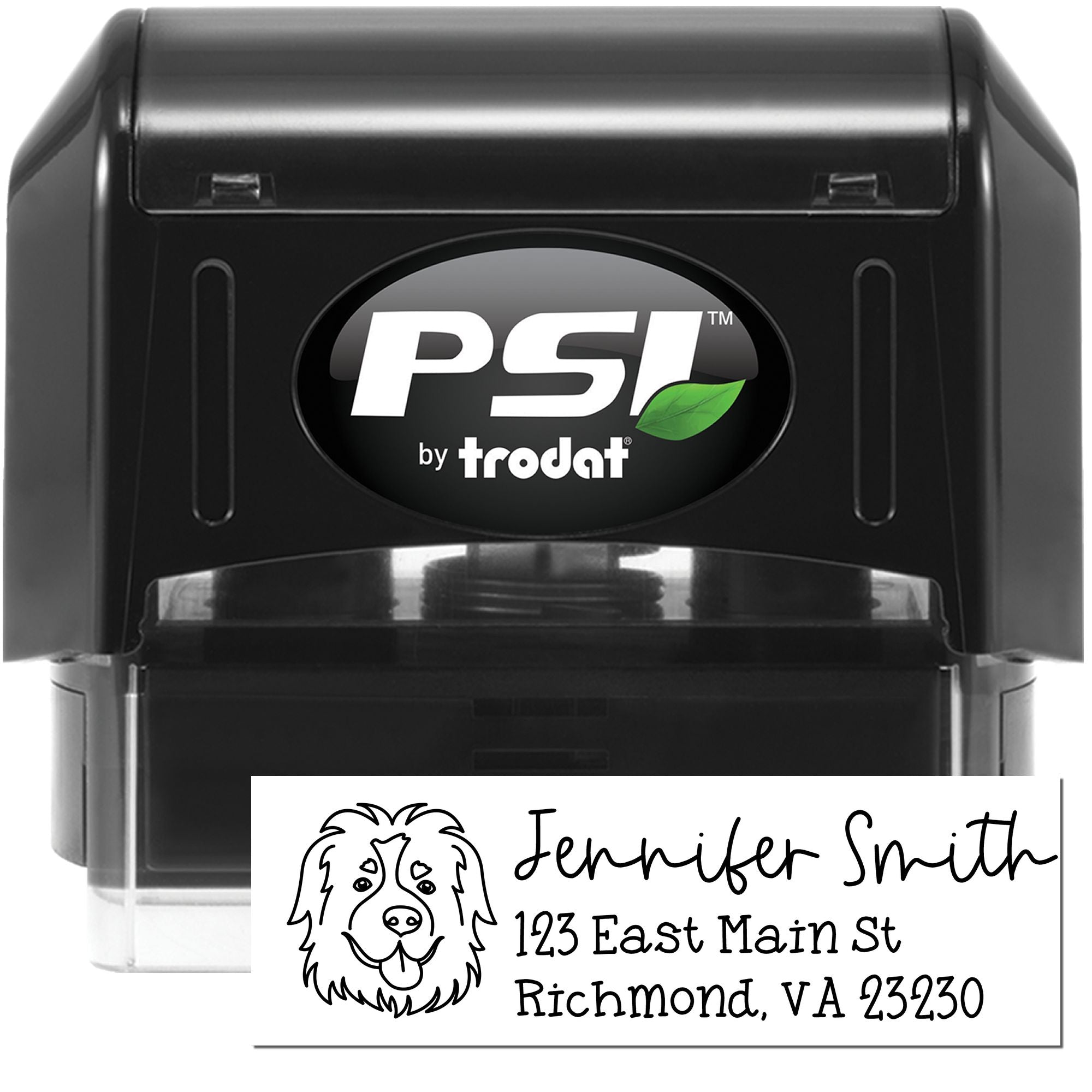 PSI by Trodat custom self-inking rubber stamp with personalized dog logo and address impression