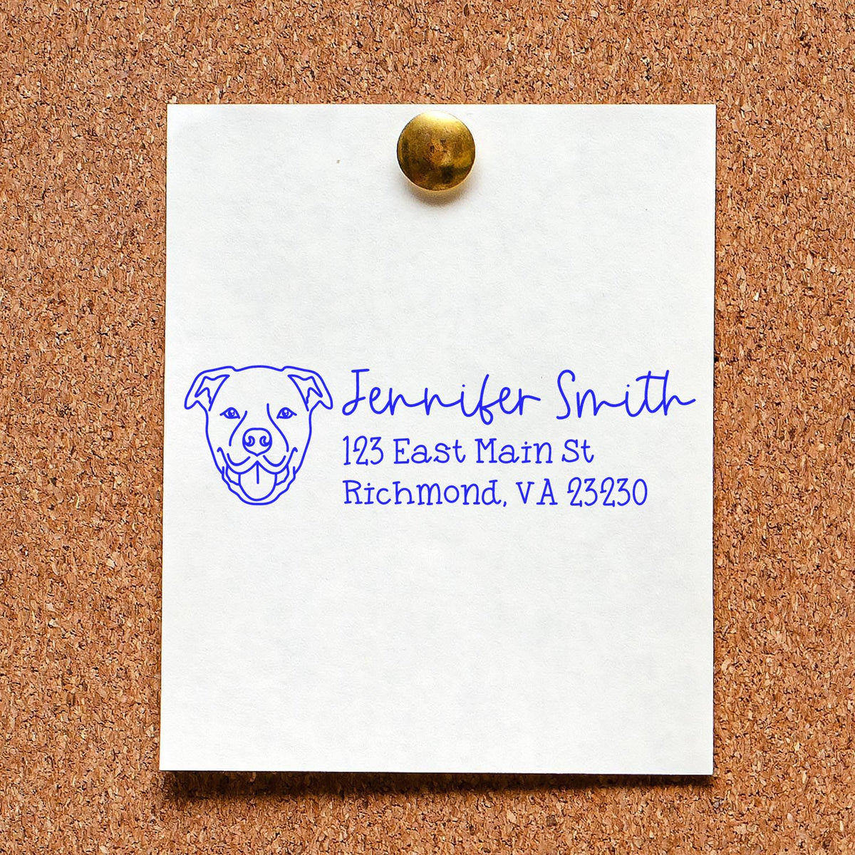 Custom dog return address rubber stamp with name and Richmond, VA address in blue ink on paper.