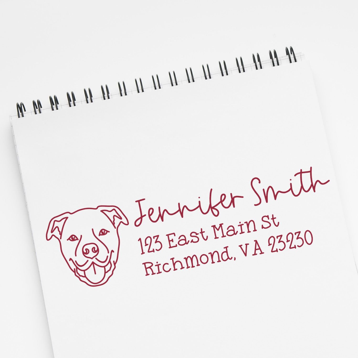 Custom dog address rubber stamp for Jennifer Smith, 123 East Main St, Richmond, VA 23230