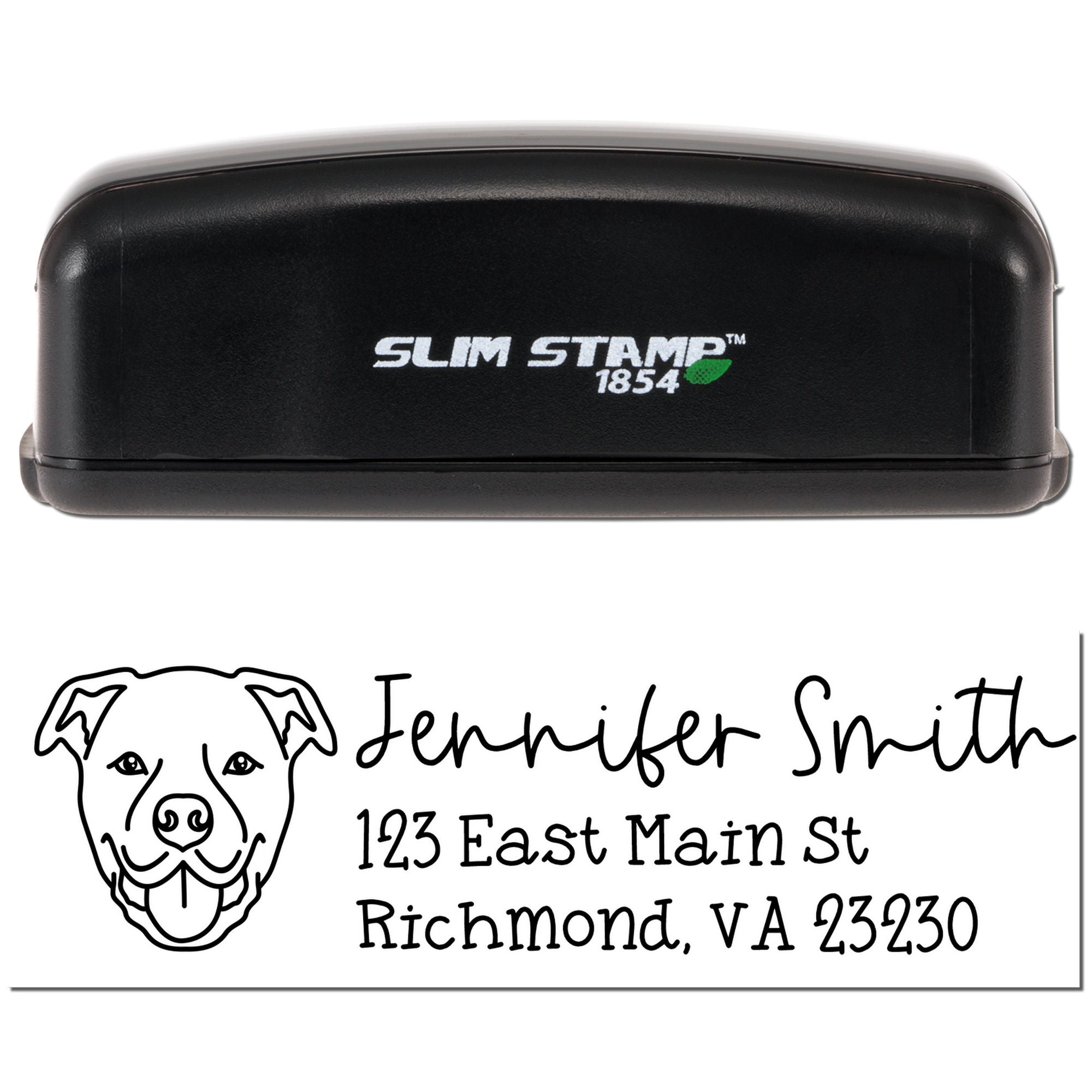 Custom self-inking rubber stamp with dog logo, name, and return address; Slim Stamp 1854 for personalized mailing.