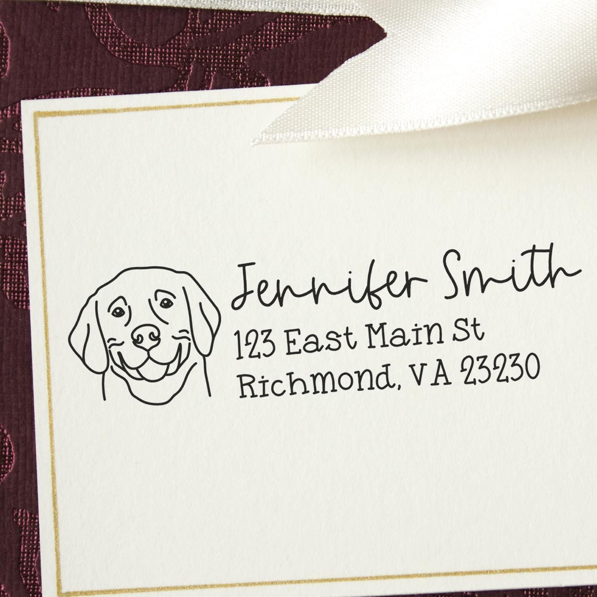 Custom dog return address rubber stamp for Jennifer Smith, 123 East Main St, Richmond, VA 23230