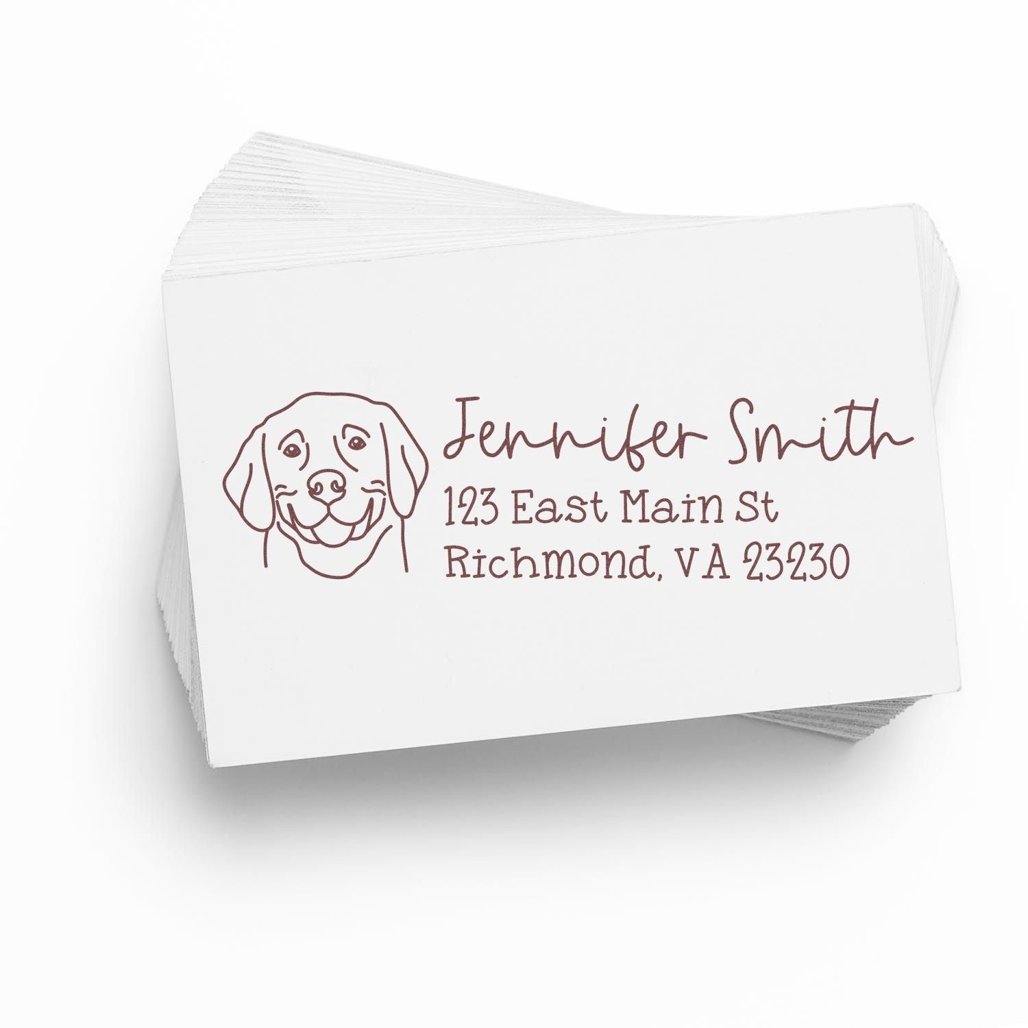 Custom dog return address rubber stamp with name and Richmond, VA address on stacked white cards.