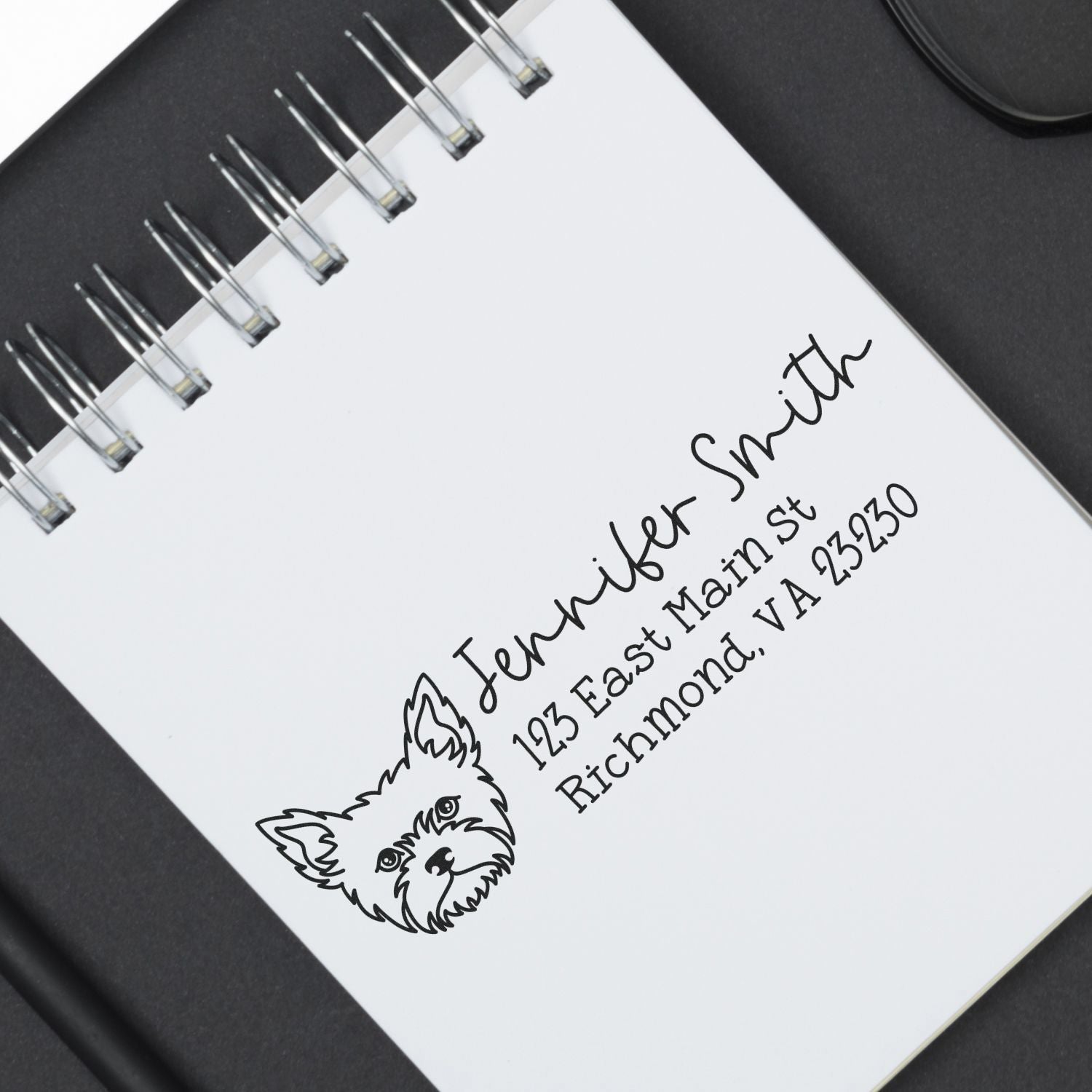 Custom Yorkie return address rubber stamp with personalized name and Richmond, VA address for pet lover mailings.