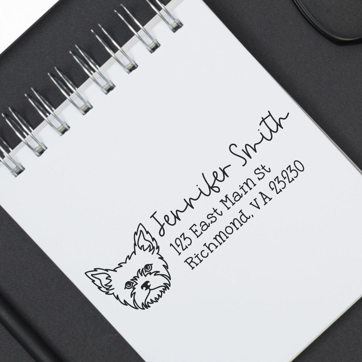 Personalized return address rubber stamp with dog logo for Jennifer Smith, Richmond, VA stationery.