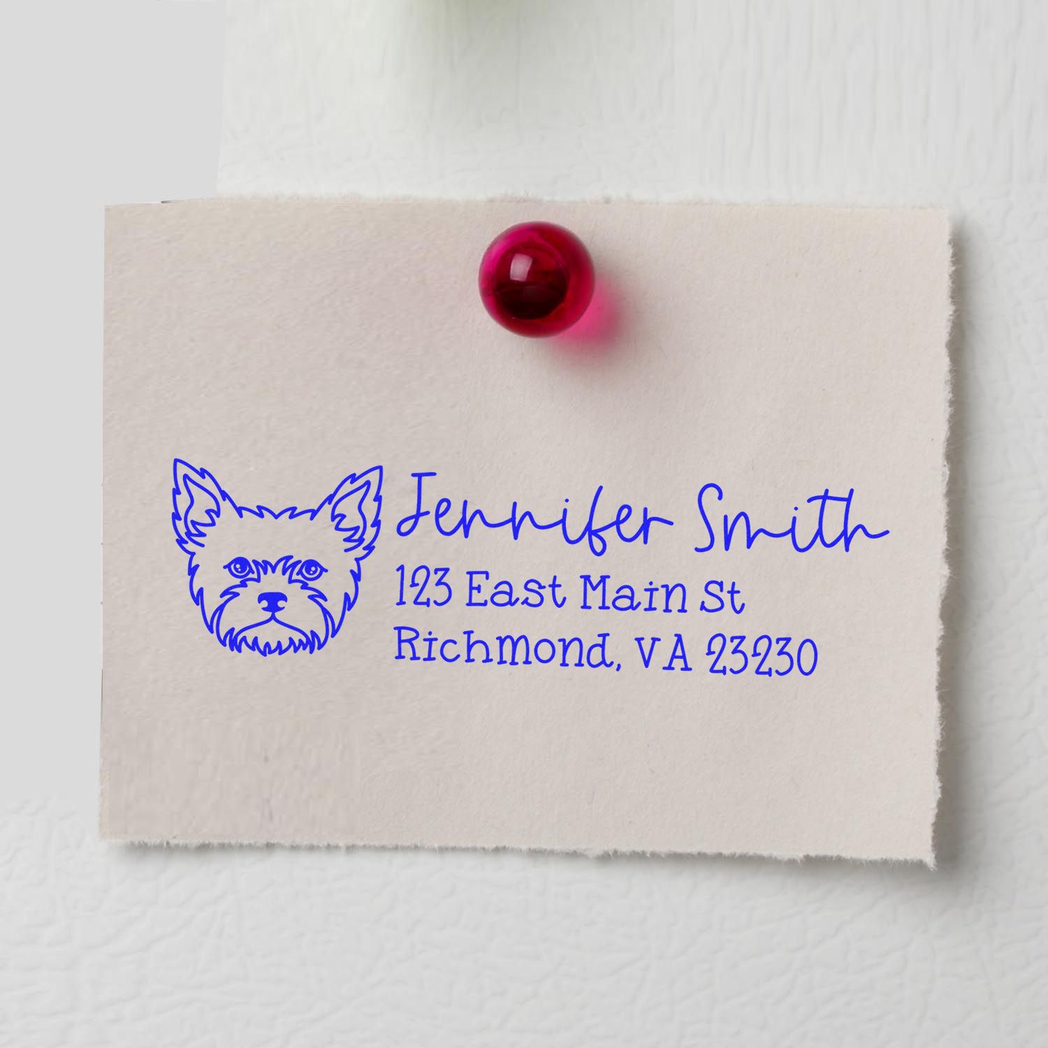 Personalized dog return address rubber stamp impression with name and Richmond, VA address on card.