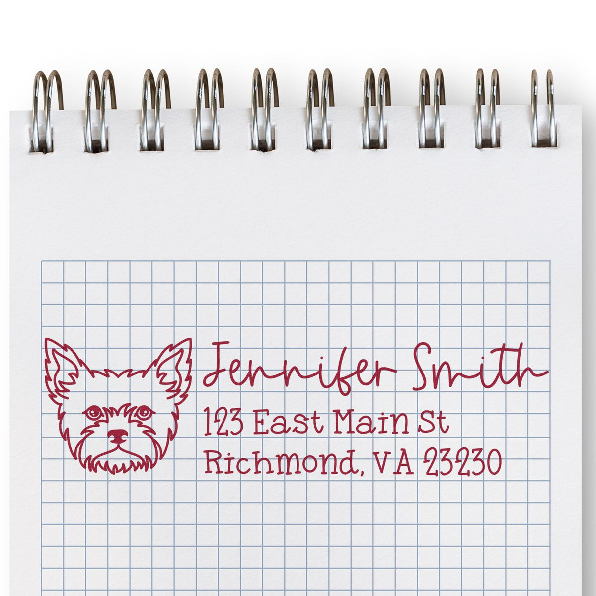 Custom dog address rubber stamp with pet portrait, Jennifer Smith, and Richmond, VA return address for envelopes, cards, and mail.