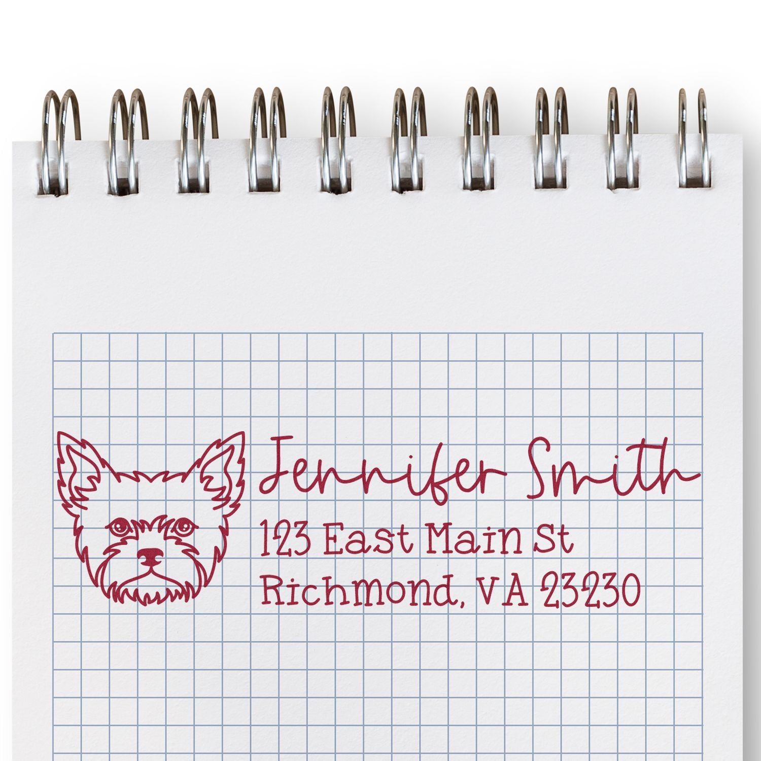 Custom dog return address stamp with name and Richmond, VA address for personalized envelopes and stationery.