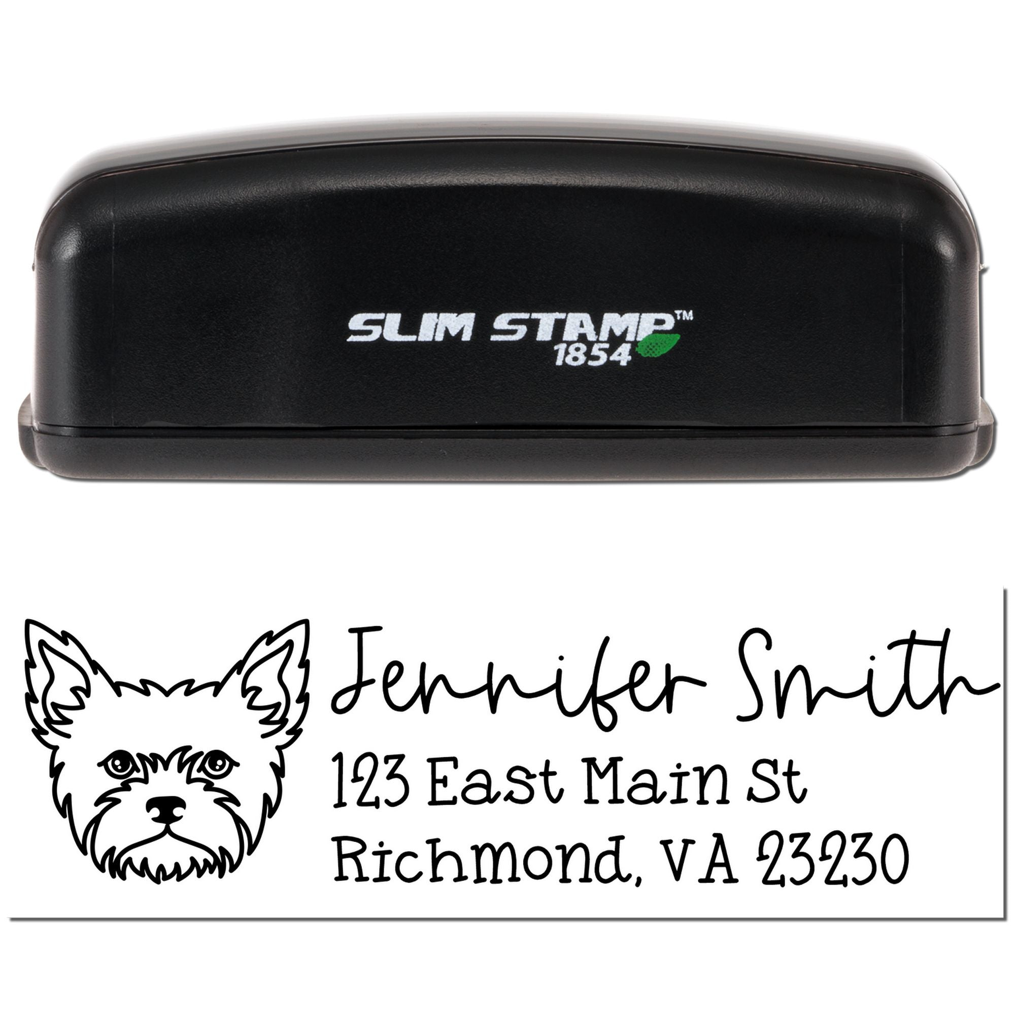 Custom address rubber stamp with dog logo, Jennifer Smith, and Richmond, VA mailing address using Slim Stamp 1854.