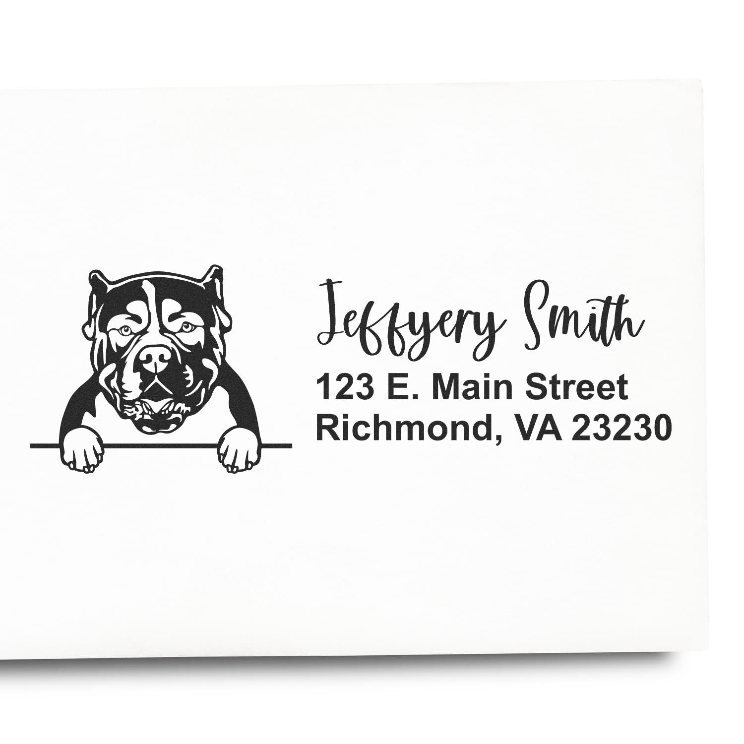 Personalized dog return address rubber stamp for Jeffrey Smith, 123 E. Main Street, Richmond, VA 23230.