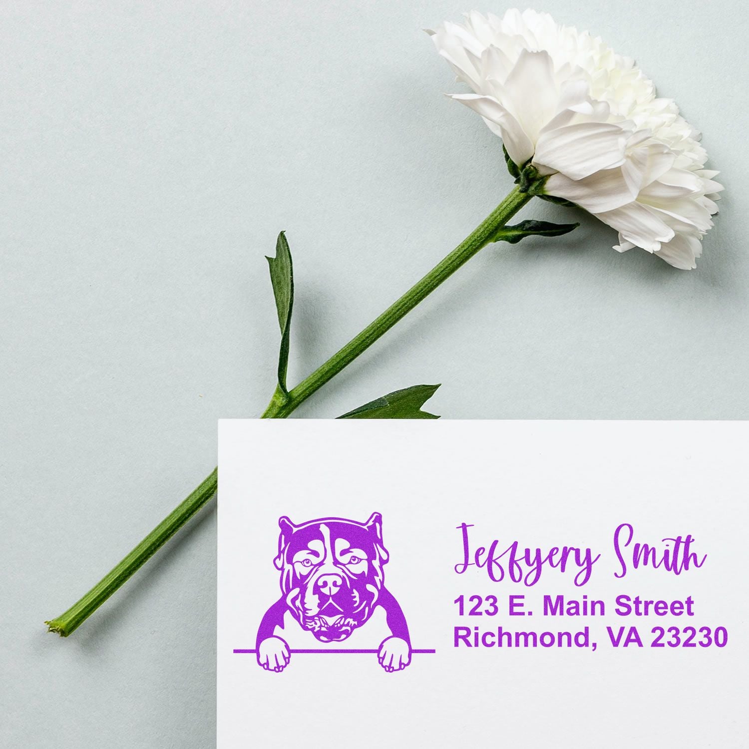Personalized bulldog return address rubber stamp for custom wedding or business stationery with name and Richmond, VA address.