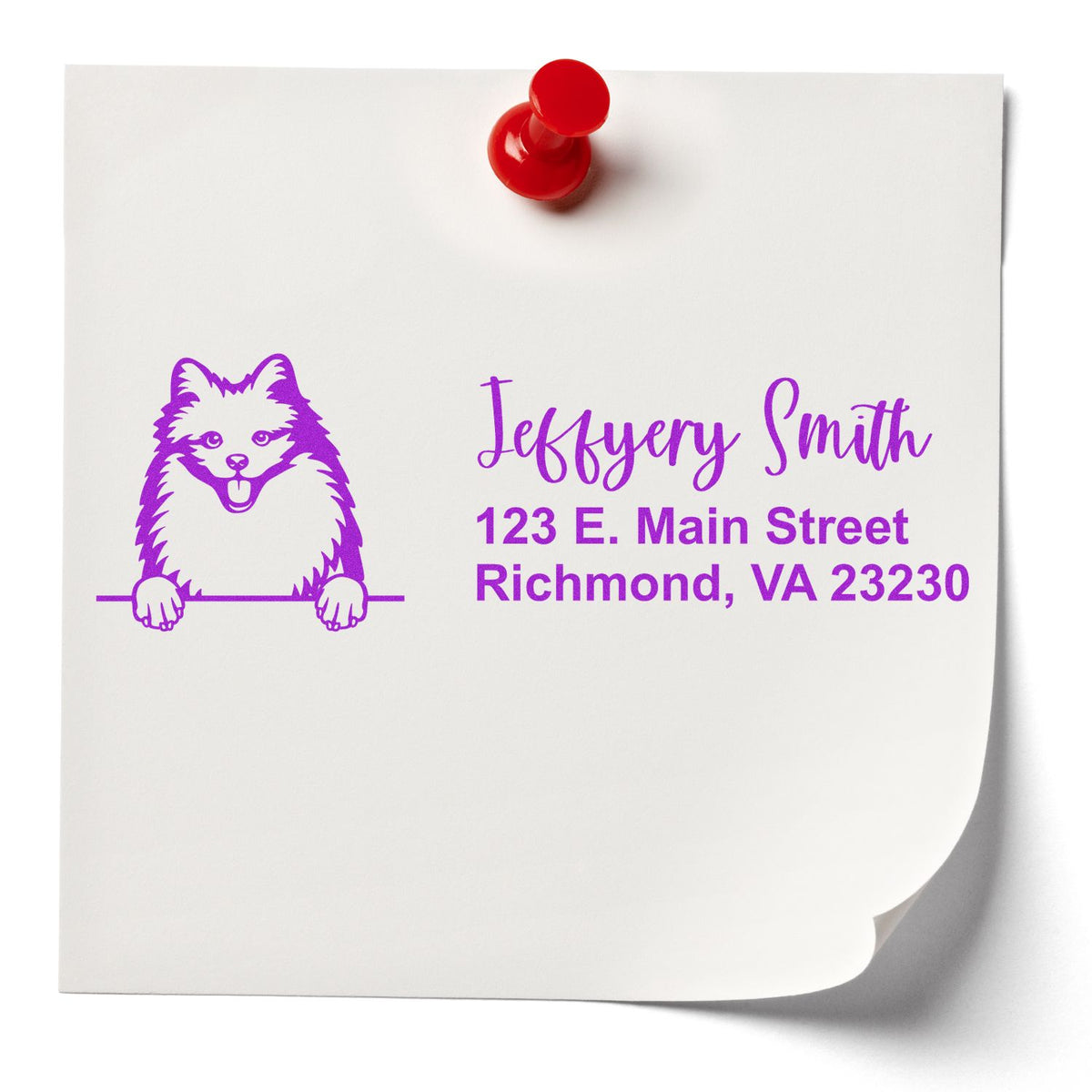 Custom return address rubber stamp with dog logo for Jeffrey Smith, 123 E. Main Street, Richmond, VA.