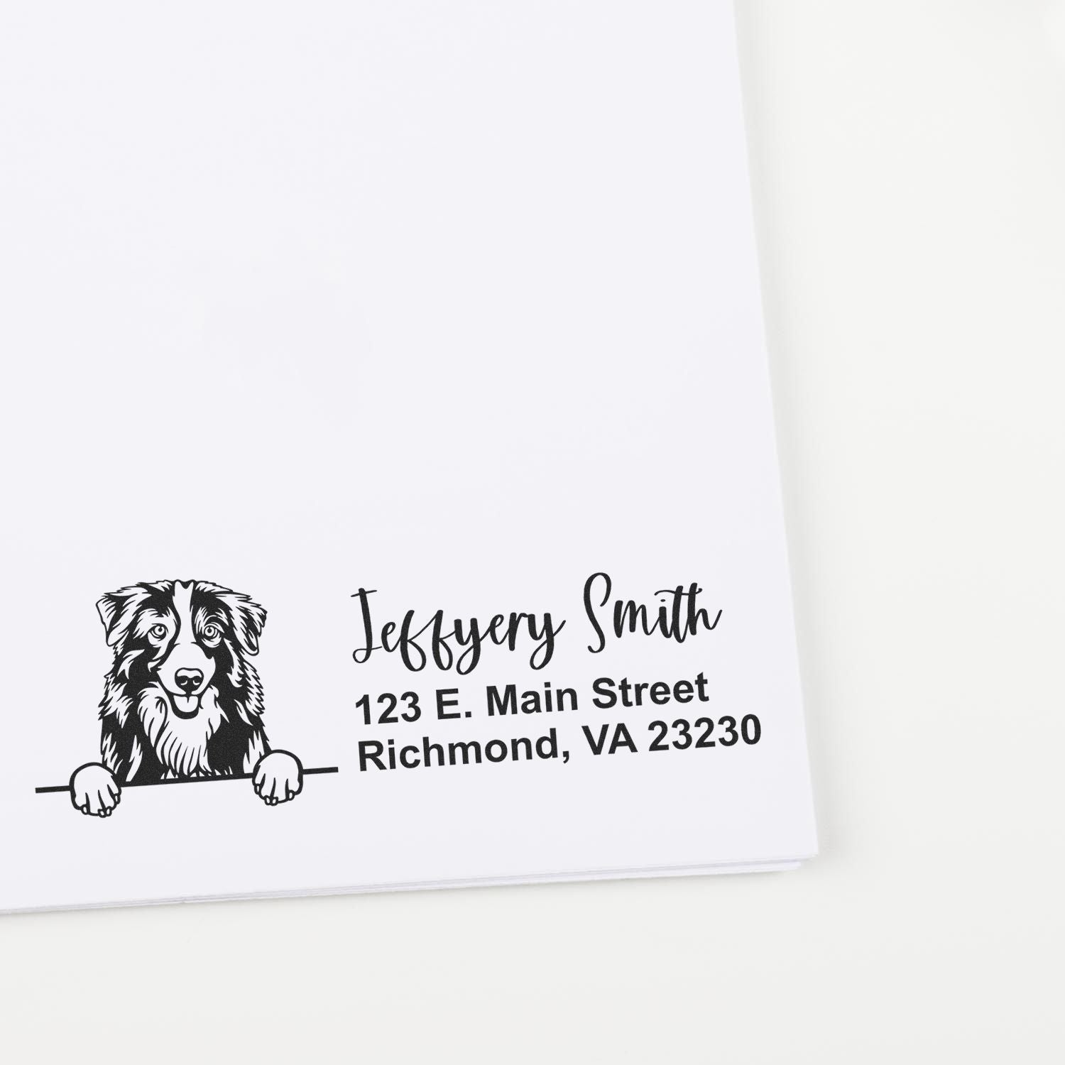 Personalized dog return address rubber stamp for Jeffery Smith, Richmond, VA with custom name and address imprint