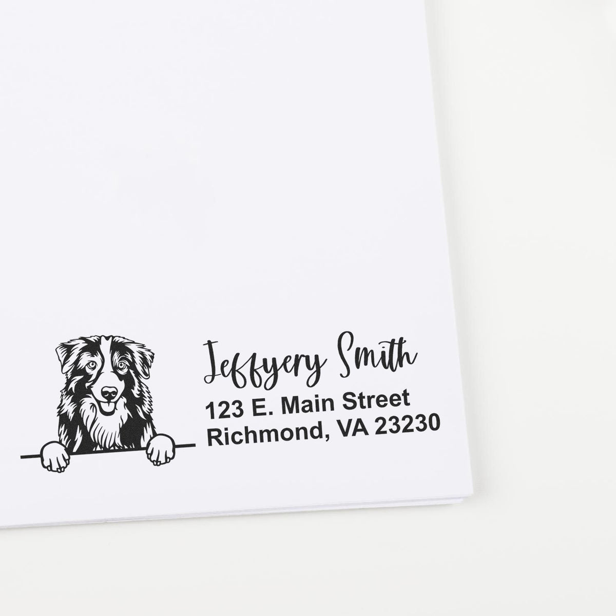 Custom dog return address rubber stamp for Jeffrey Smith, 123 E. Main Street, Richmond, VA 23230.