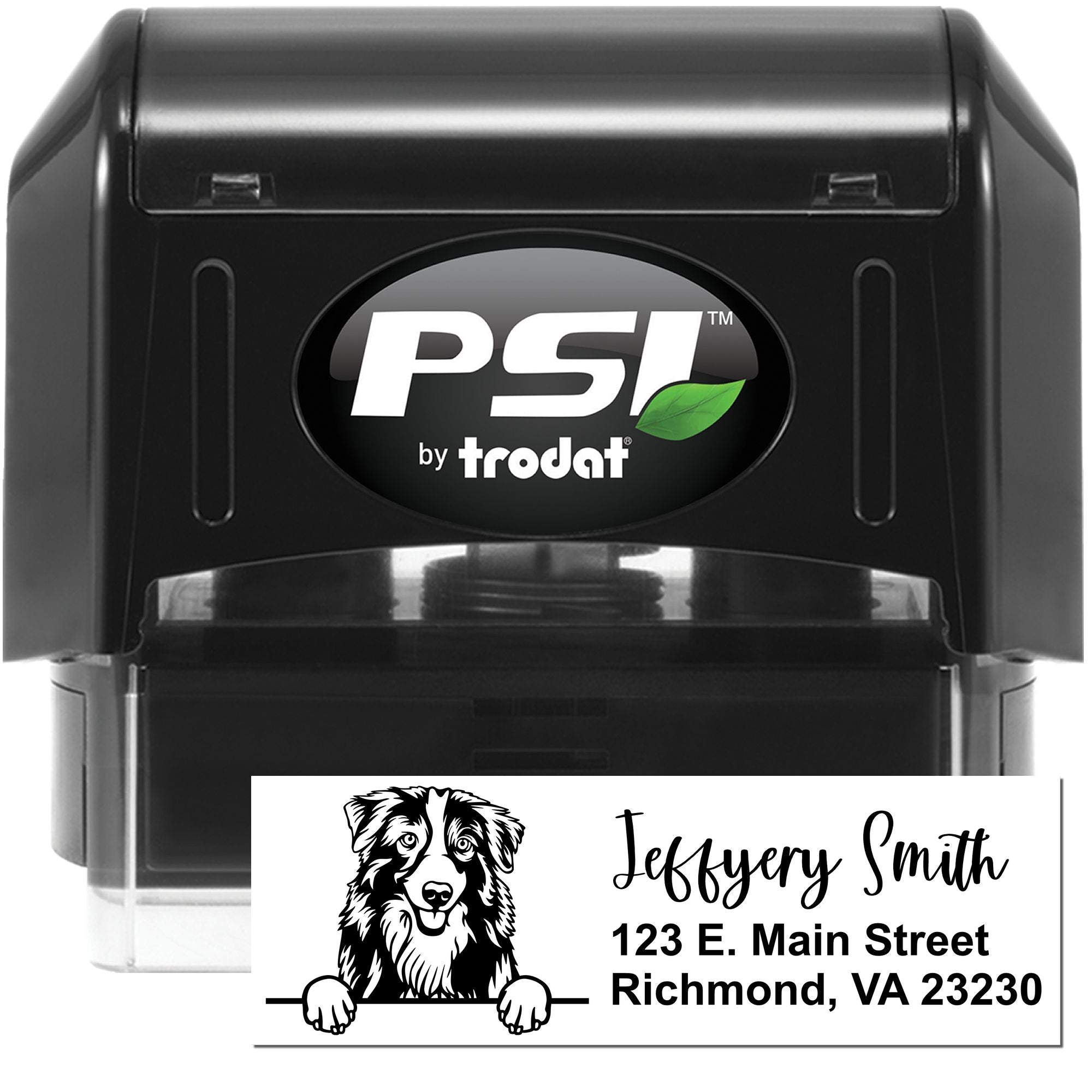 PSI by Trodat self-inking custom rubber address stamp with dog logo, Jeffrey Smith, 123 E. Main Street, Richmond, VA 23230