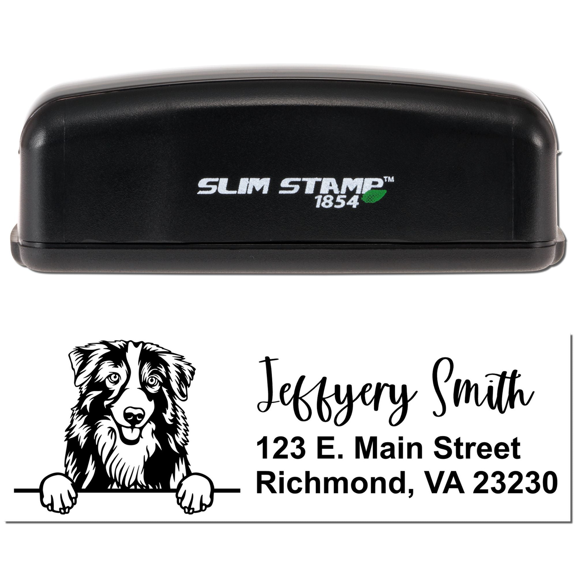 Slim Stamp 1854 custom self-inking rubber stamp with dog logo, name, and Richmond, VA address.
